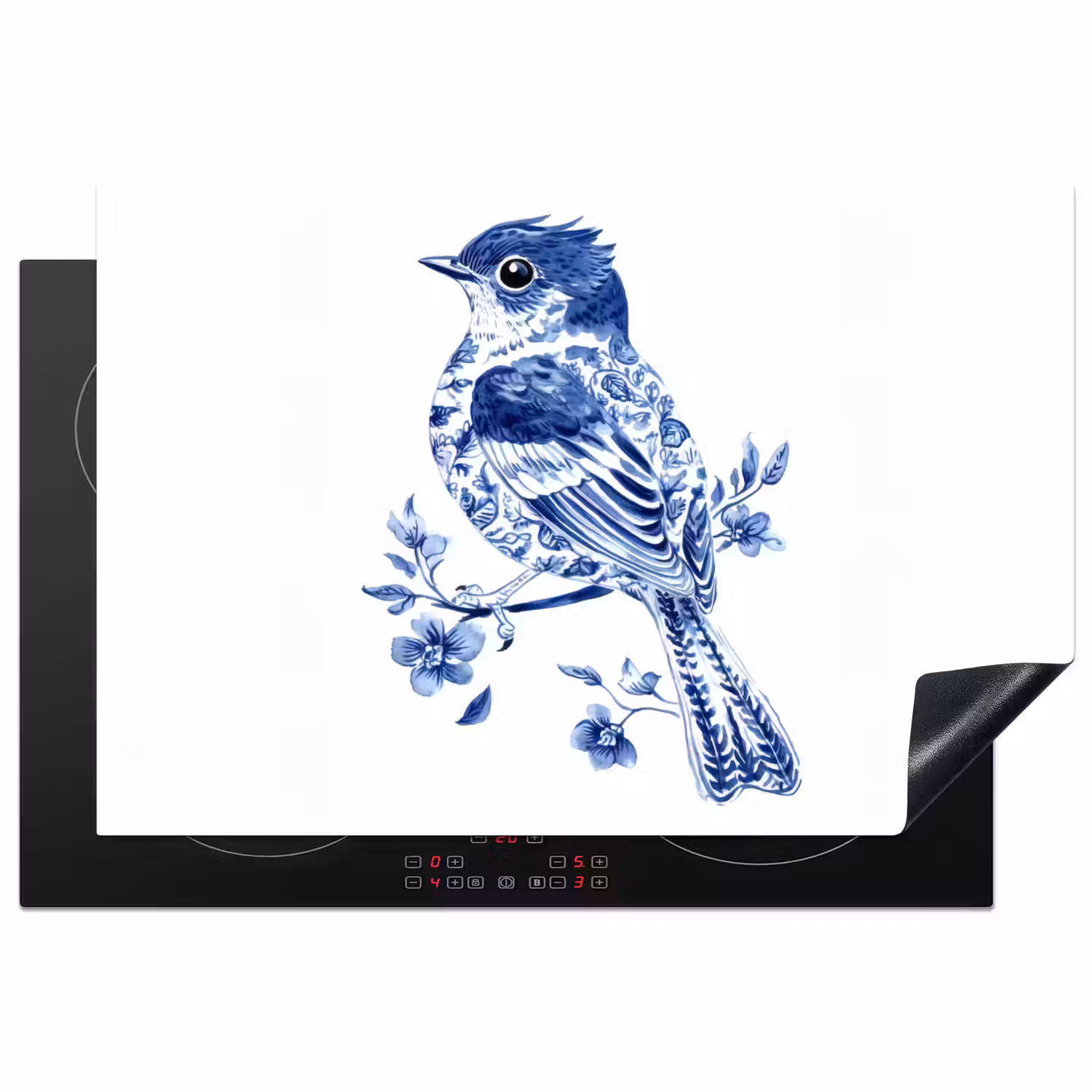 Vogel - Delfts blauw - Illustratie - Bloemen Inductie beschermer vinyl 3mm klein -3d