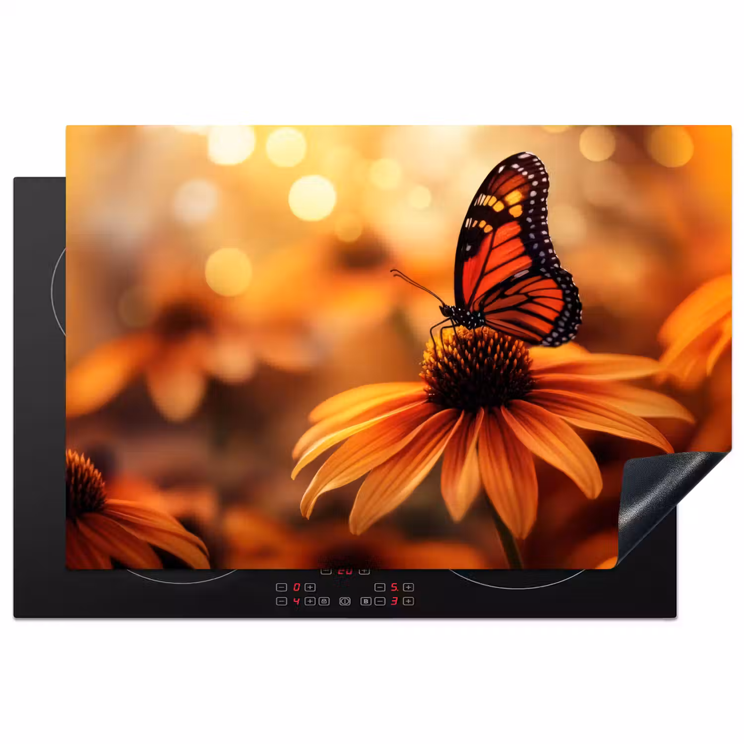 Vlinder - Bloemen - Oranje Inductie beschermer vinyl 3mm klein -3d