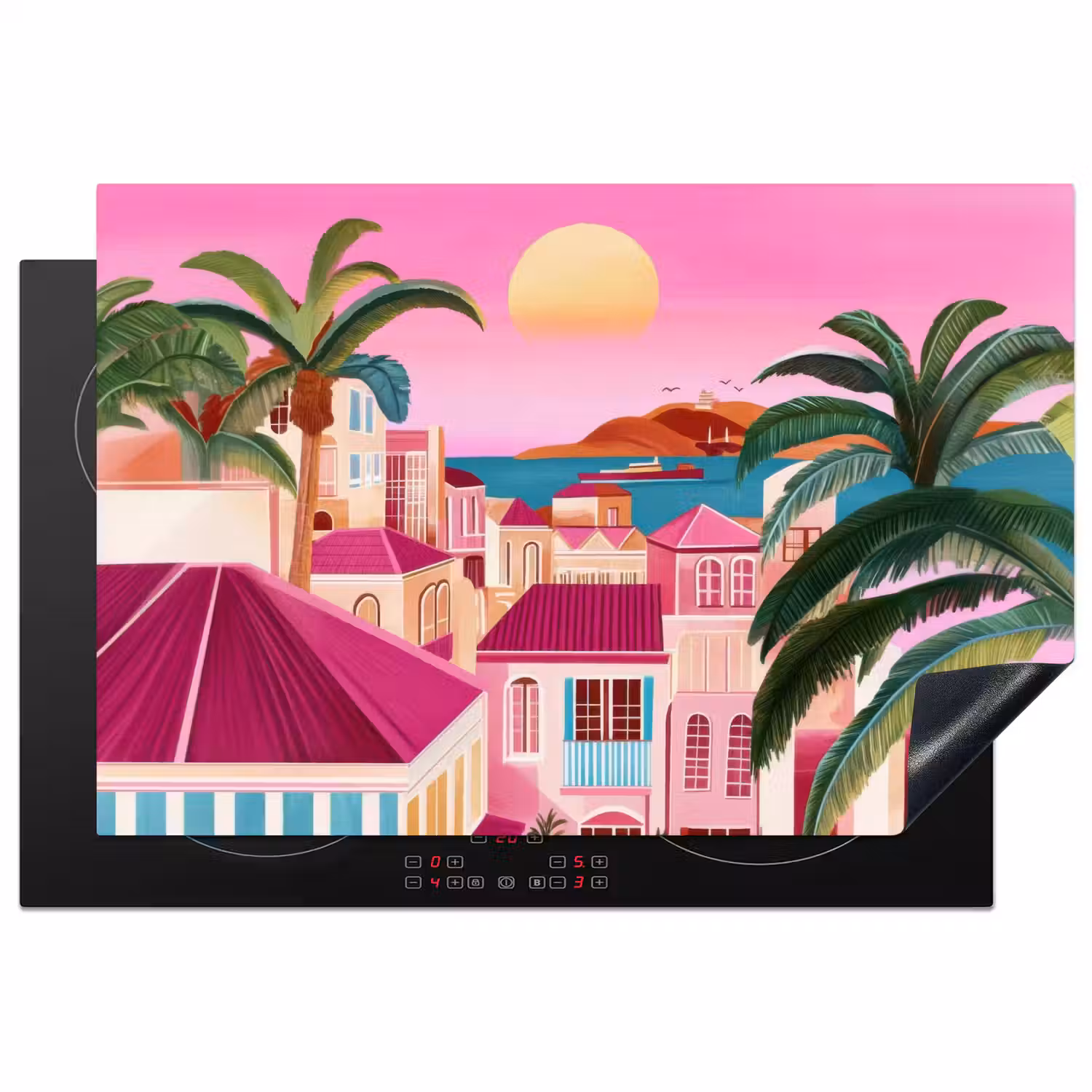 Stad - Roze - Palmbomen Inductie beschermer vinyl 3mm klein -3d