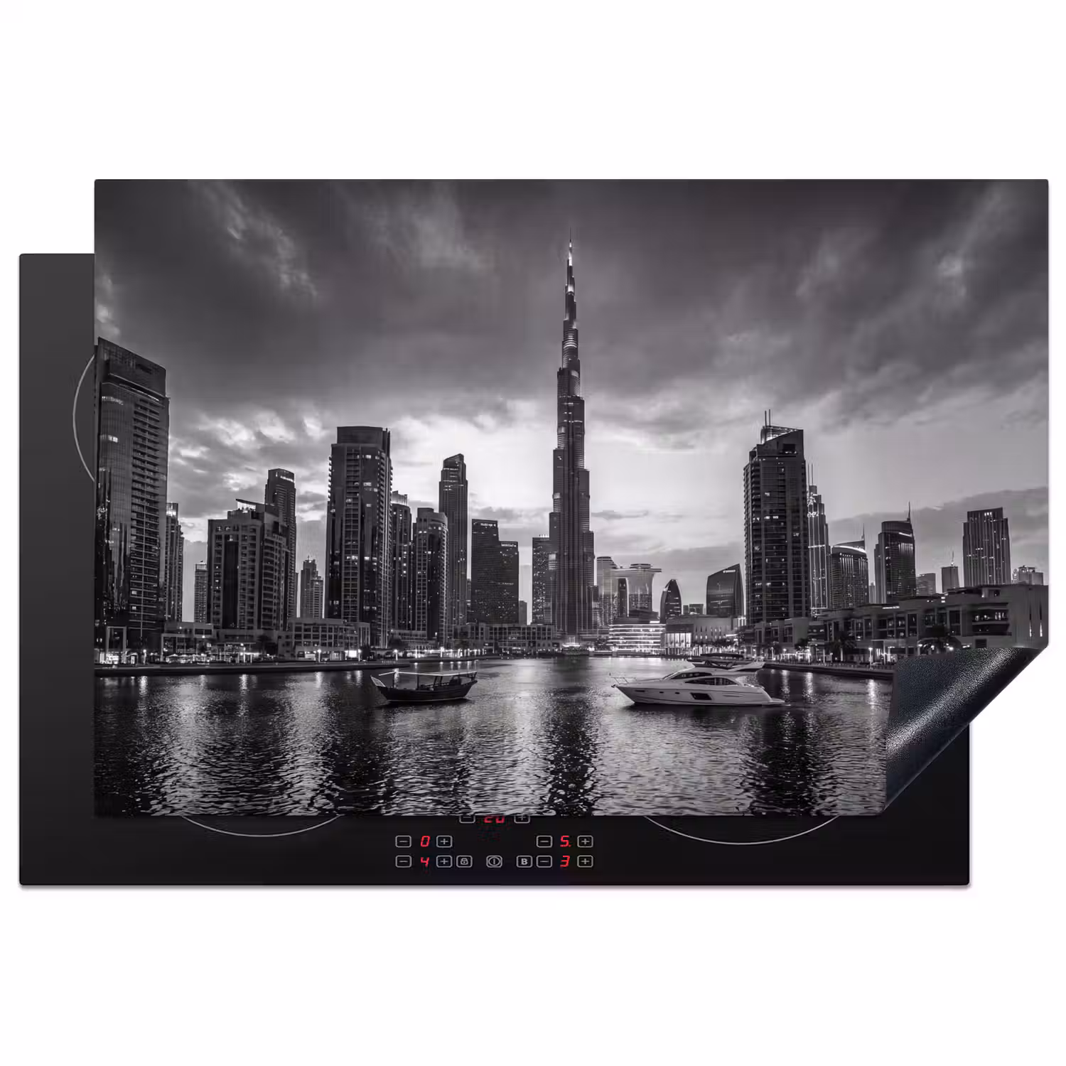 Stad - Skyline - Architectuur - Avond - Zwart-wit Inductie beschermer vinyl 3mm klein -3d