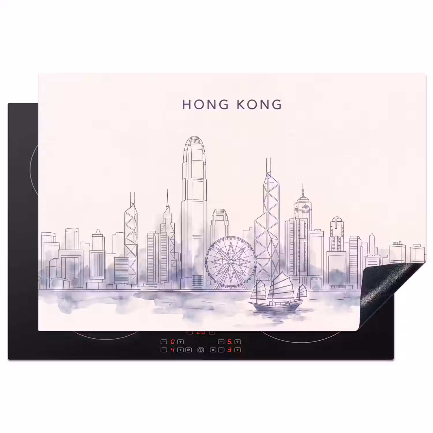 Stad - Skyline - Water - Lijntekening - Blauw Inductie beschermer vinyl 3mm klein -3d