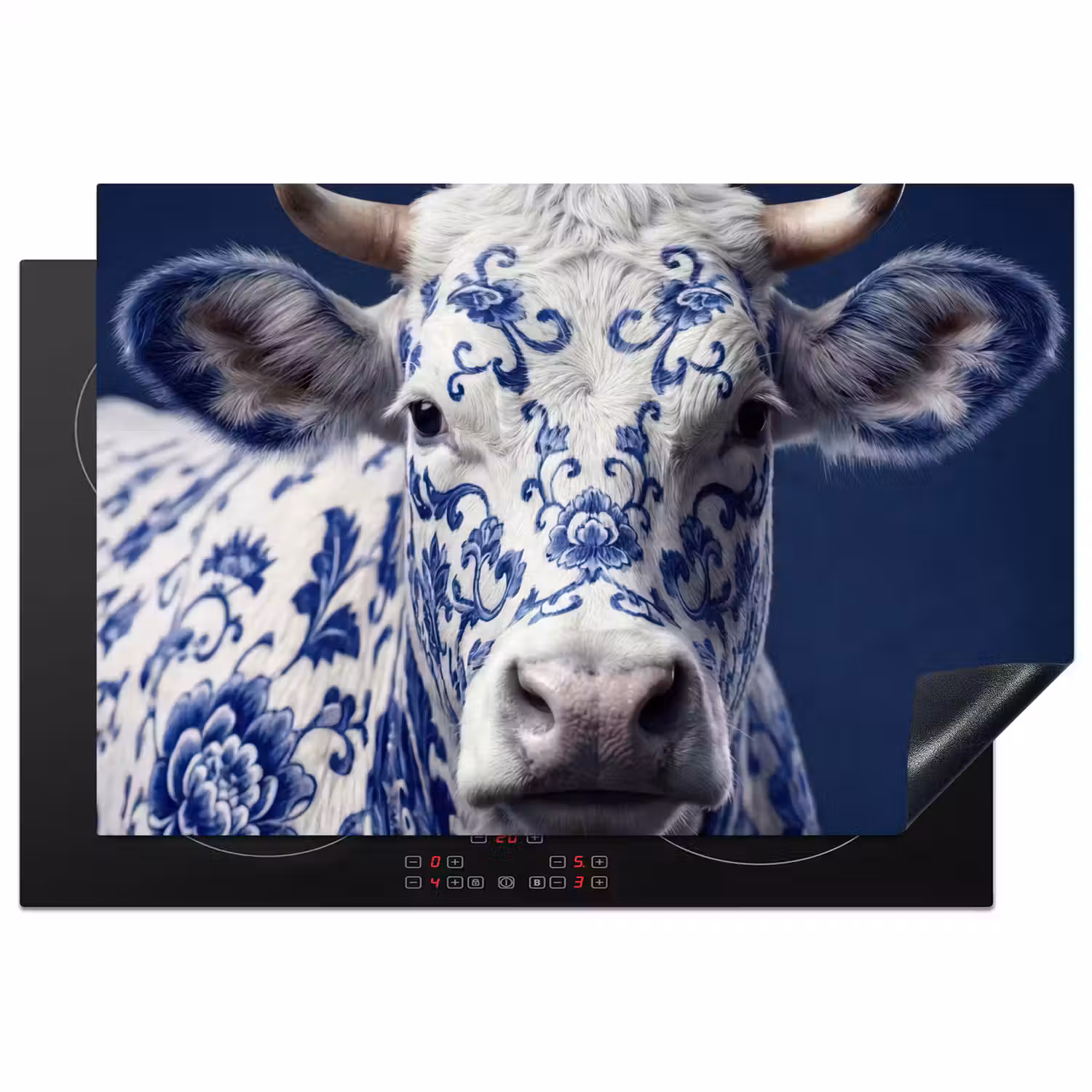 Koe - Delfts - Blauw - Artistiek Inductie beschermer vinyl 3mm klein -3d