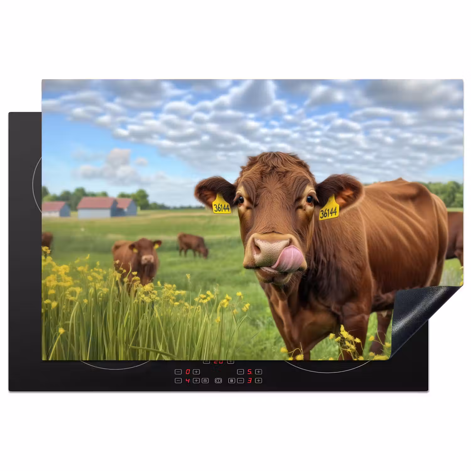 Koe - Weide - Bloemen Inductie beschermer vinyl 3mm klein -3d
