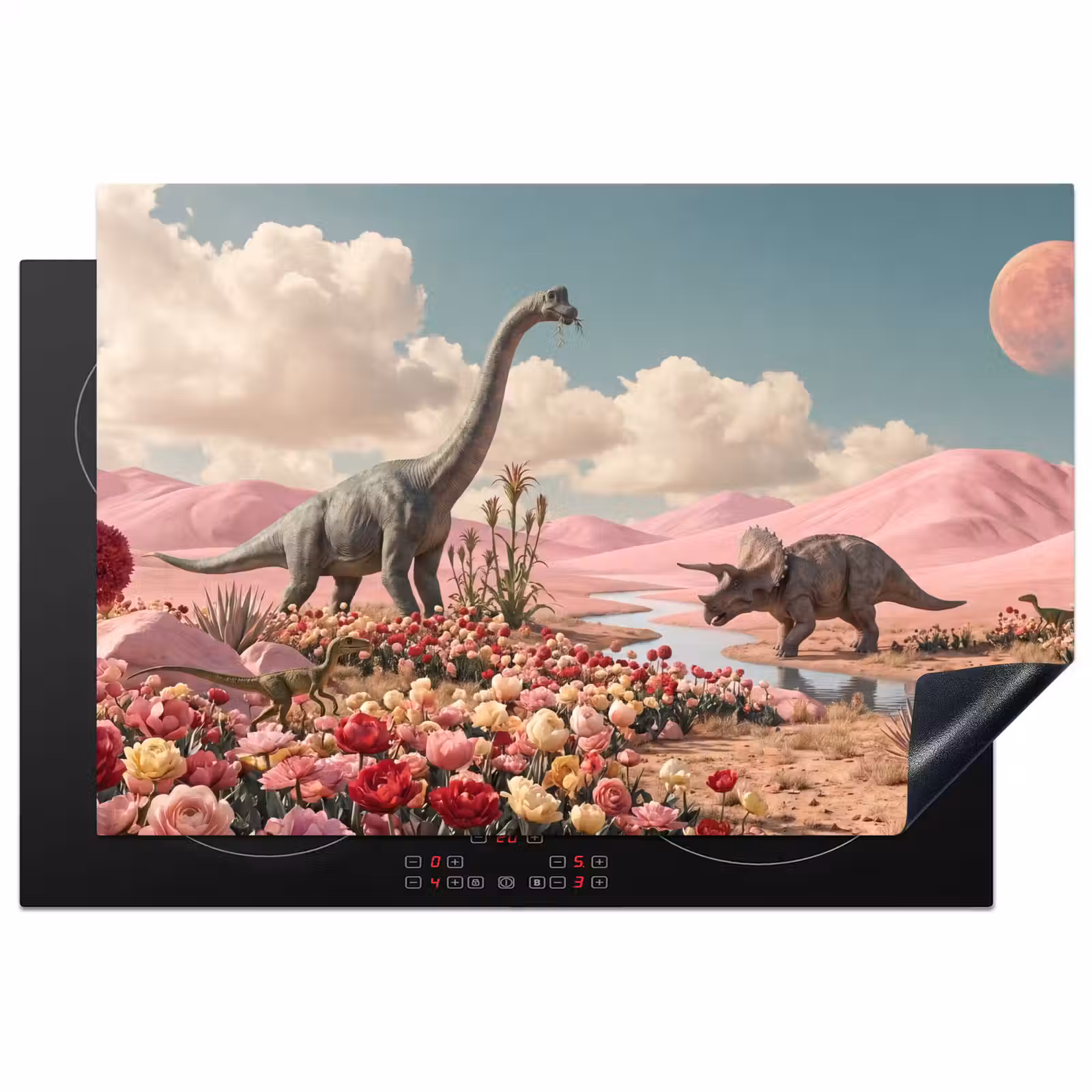 Induction Hob Cover - Dinosaur - Pink - Landscape - Dinosaurus - Roze - Landschap Inductie beschermer vinyl 3mm klein