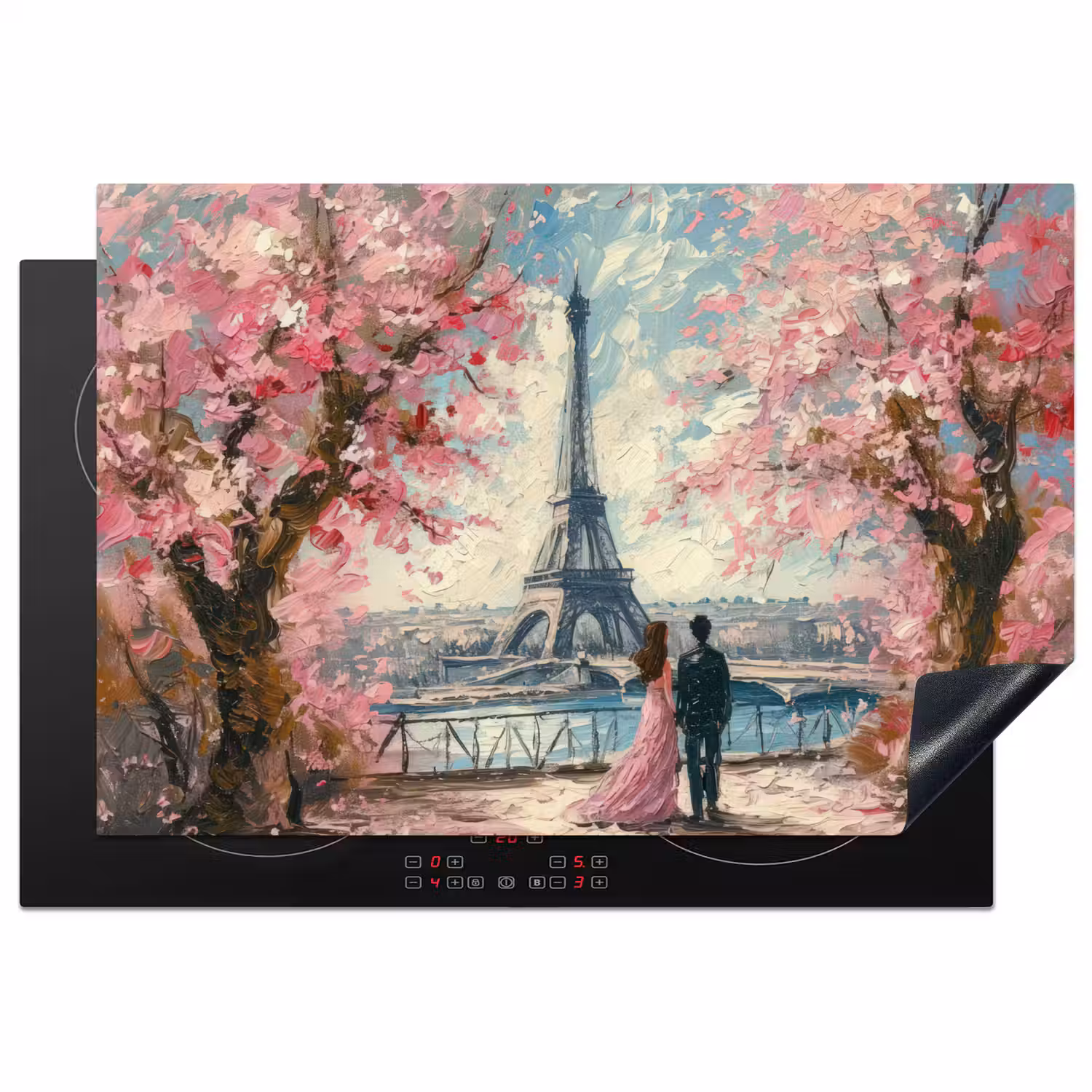 Eiffeltoren - Koppel - Roze - Romantisch - Bomen - Parijs Inductie beschermer vinyl 3mm klein -3d
