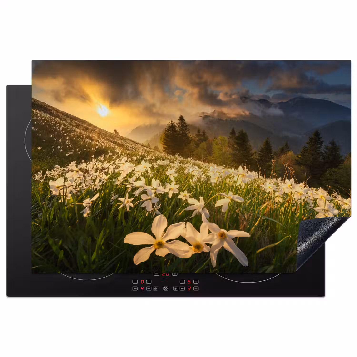 Bloemenveld - Heuvels - Zonsondergang - Berg - Natuur - Wit - Heuvels Inductie beschermer vinyl 3mm klein -3d