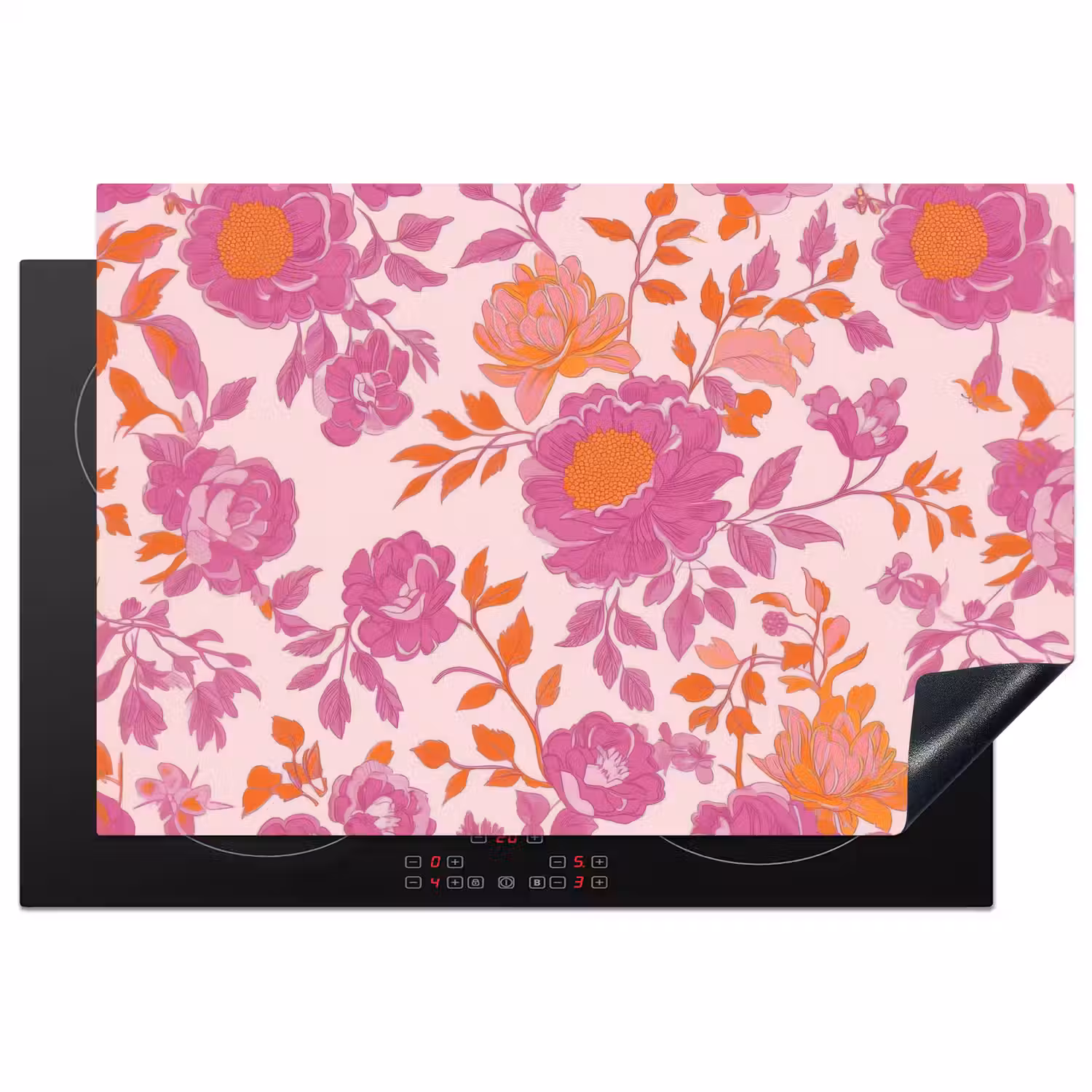 Bloemenpatroon - Roze - Oranje - Bloemen Inductie beschermer vinyl 3mm klein -3d