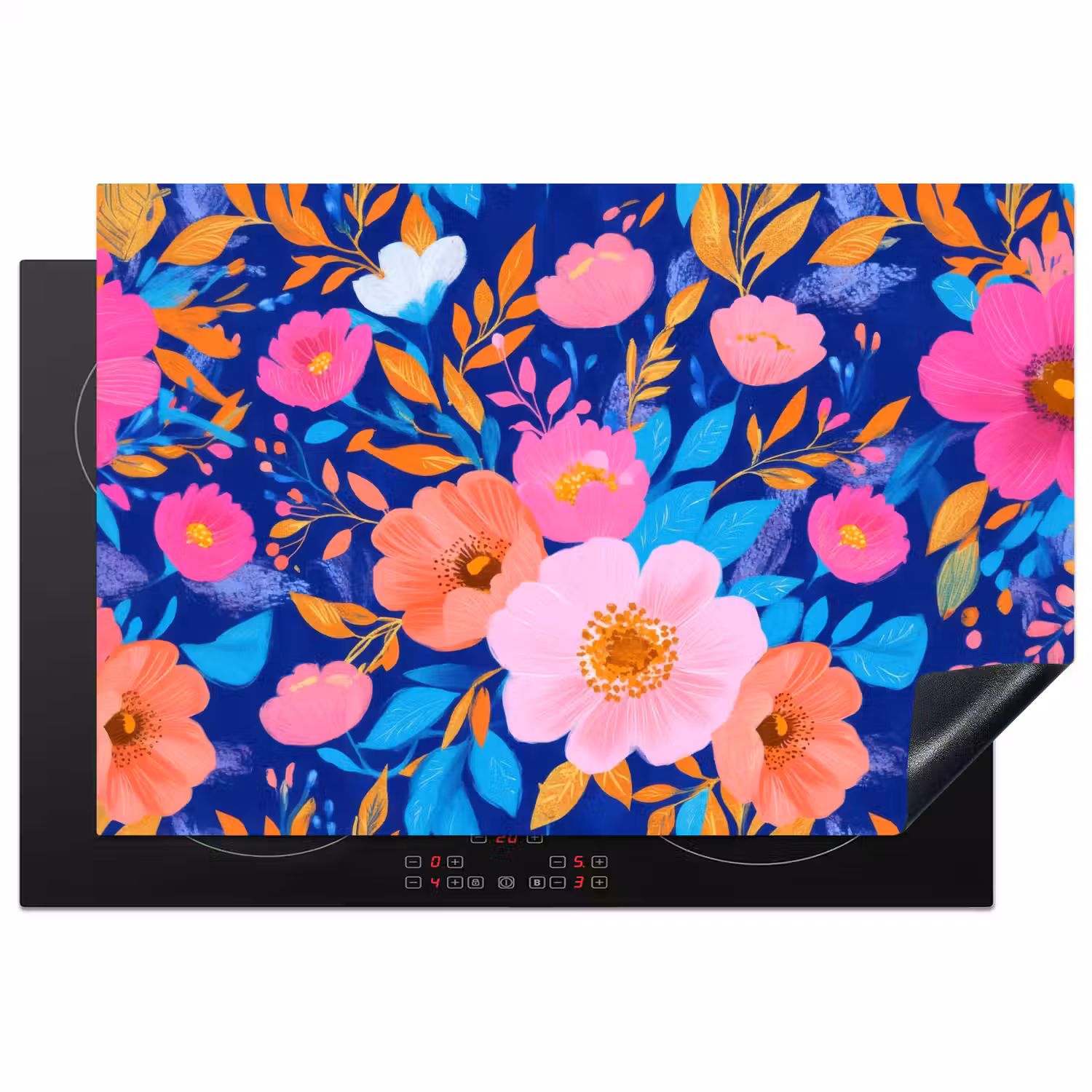 Bloemen - Blauw - Roze Inductie beschermer vinyl 3mm klein -3d