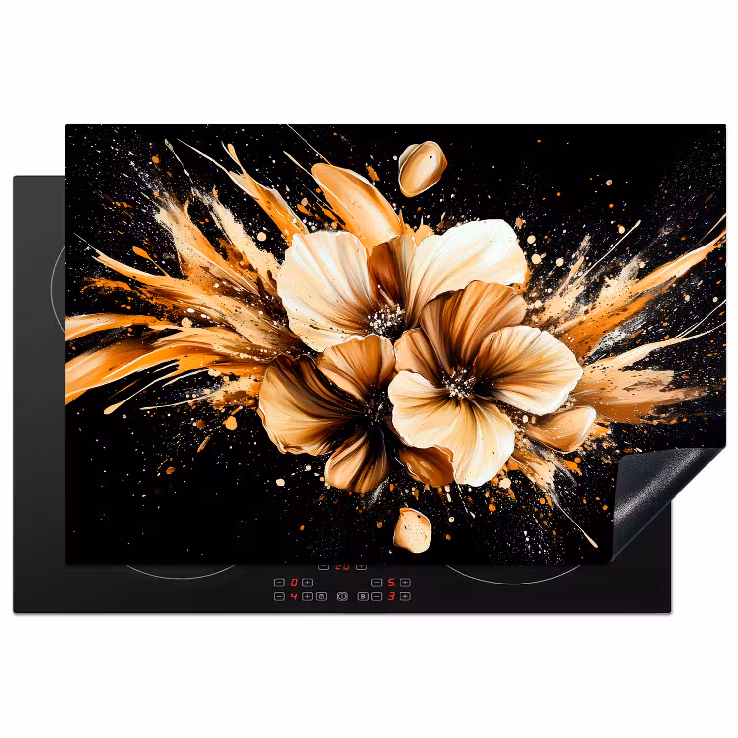 Bloemen - Goud - Graffiti - Zwart - Abstract Inductie beschermer vinyl 3mm klein -3d