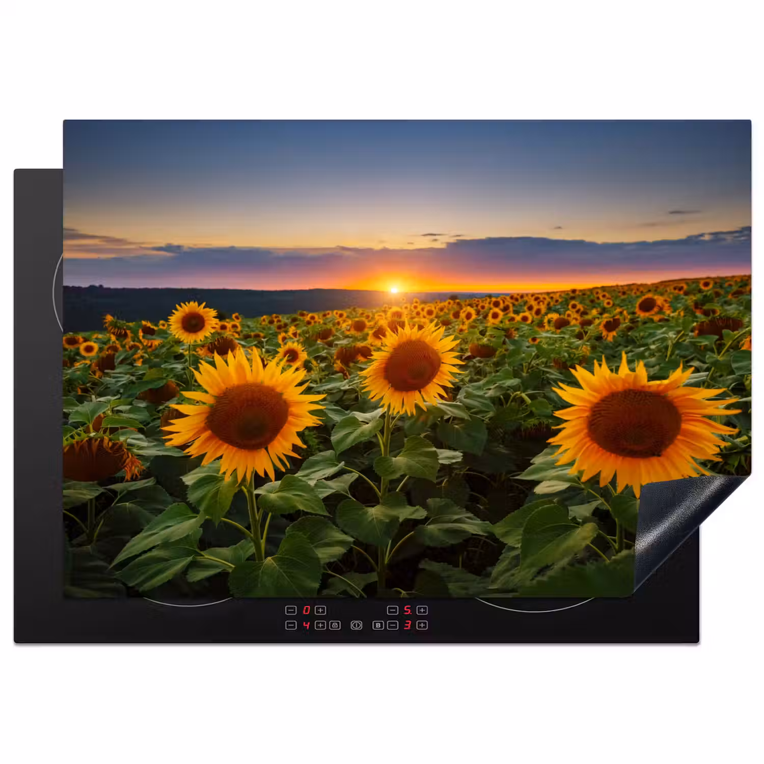 Bloemen - Nacht - Zonsondergang - Zonnebloem - Horizon Inductie beschermer vinyl 3mm middel -3d