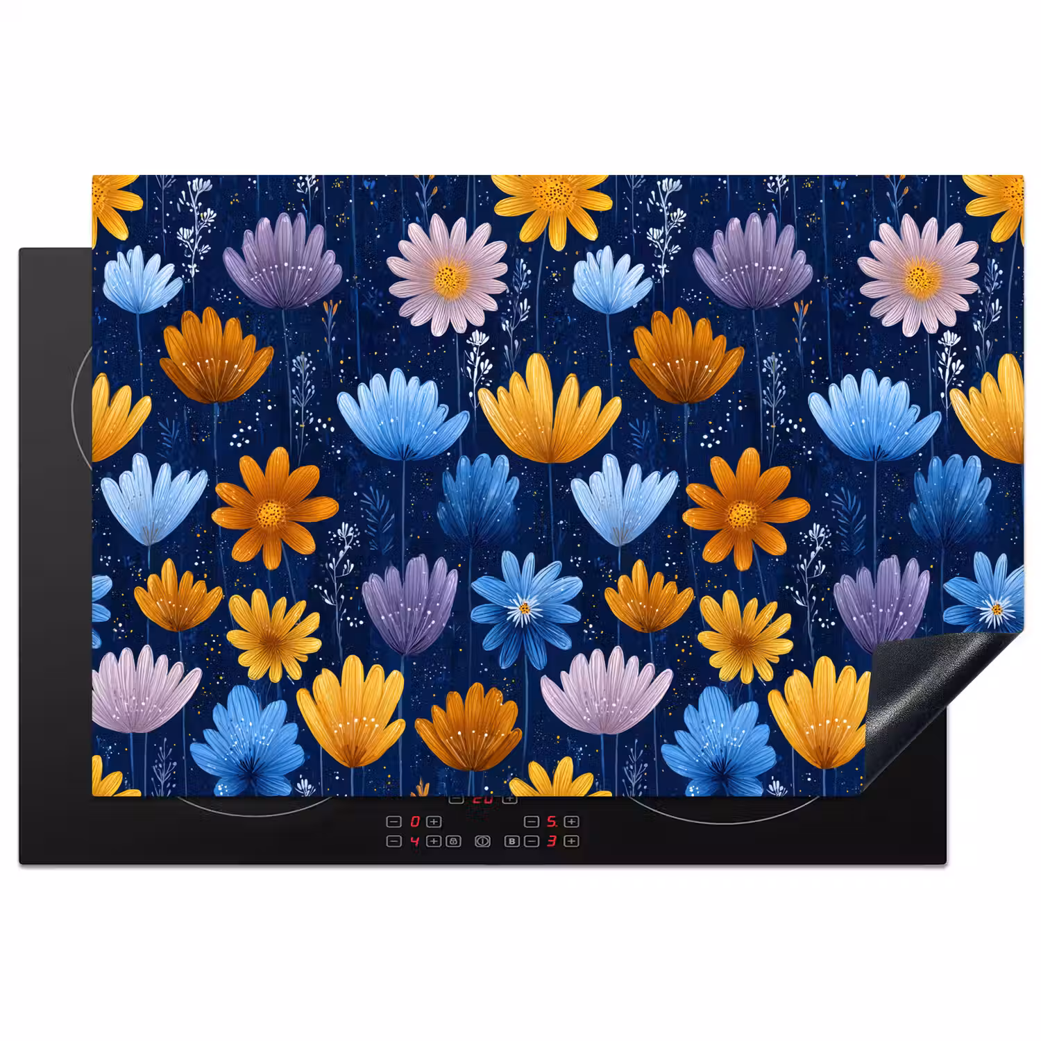 Bloemen - Patroon - Blauw - Contrast Inductie beschermer vinyl 3mm klein -3d