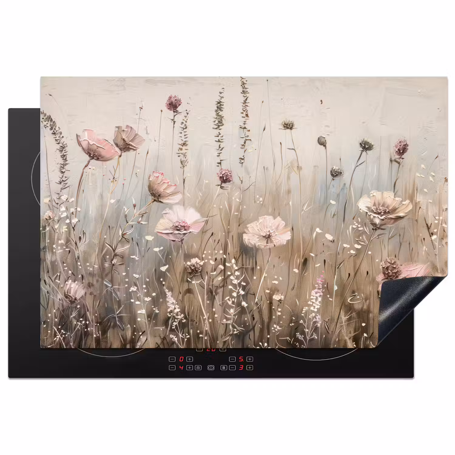 Bloemen - Roze - Modern - Beige Inductie beschermer vinyl 3mm klein -3d