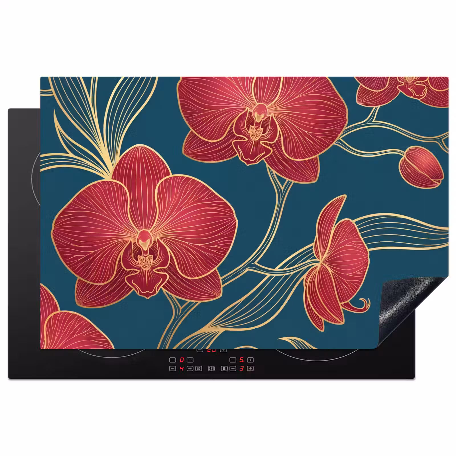 Induction Hob Cover - Flowers - Red - Gold - Bloemen - Rood - Goud Inductie beschermer vinyl 3mm klein