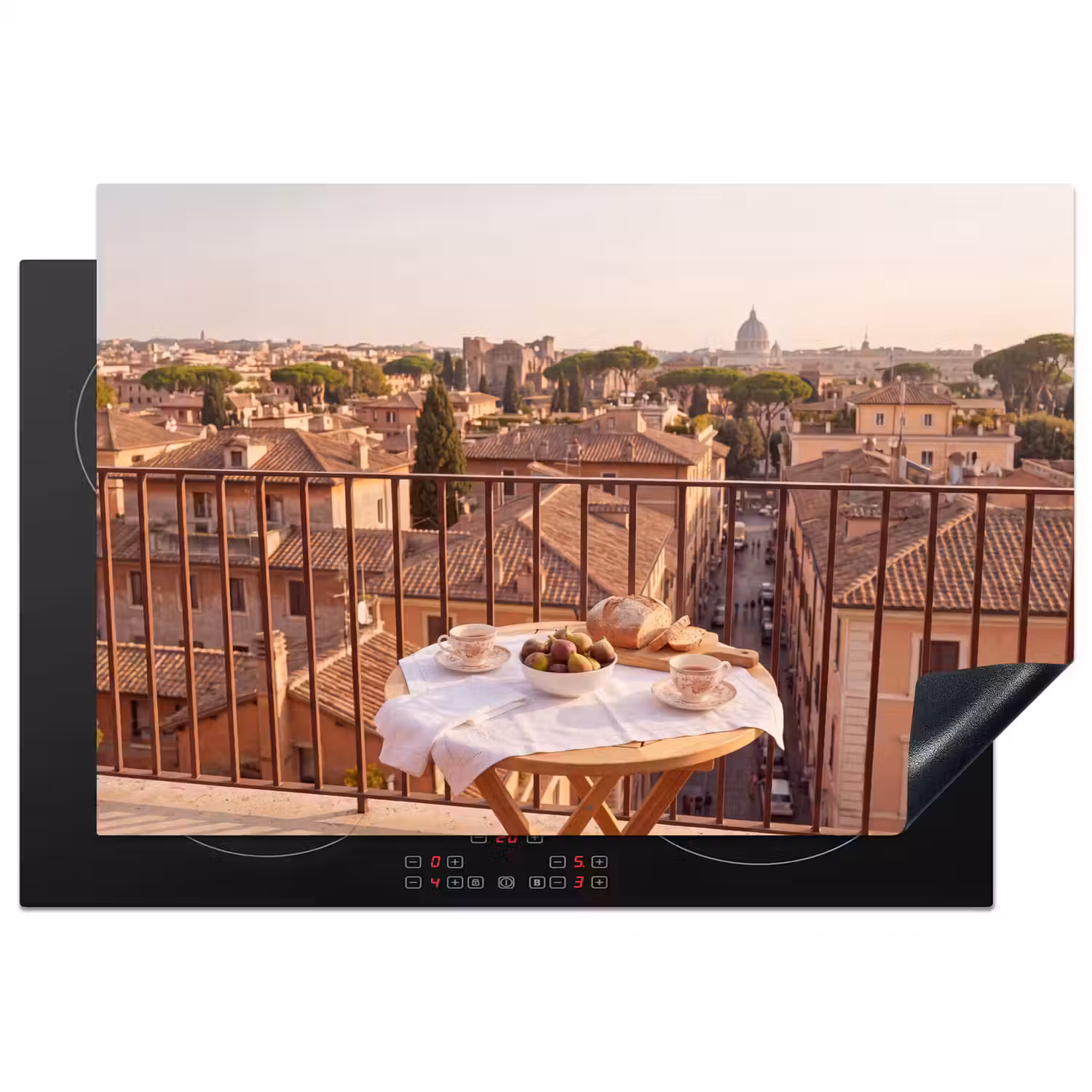 Eten - Ontbijt - Balkon - Stad - Zonsopgang Inductie beschermer vinyl 3mm klein -3d