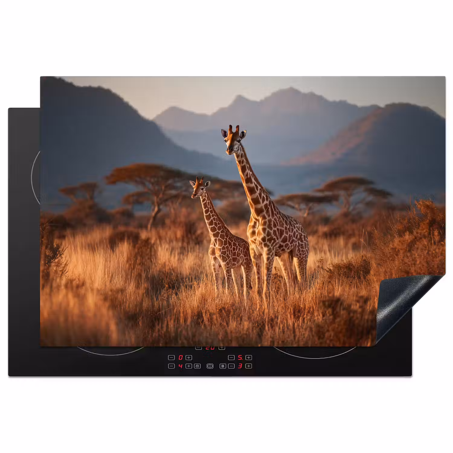 Giraffen - Hoog gras - Acaciabomen Inductie beschermer vinyl 3mm klein -3d