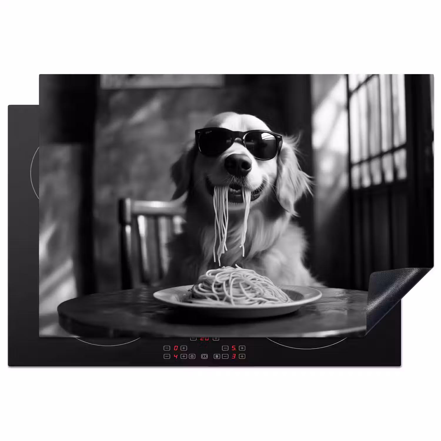 Golden Retriever - Hond - Vrolijk - Bord spaghetti - Zwart - wit Inductie beschermer vinyl 3mm klein -3d