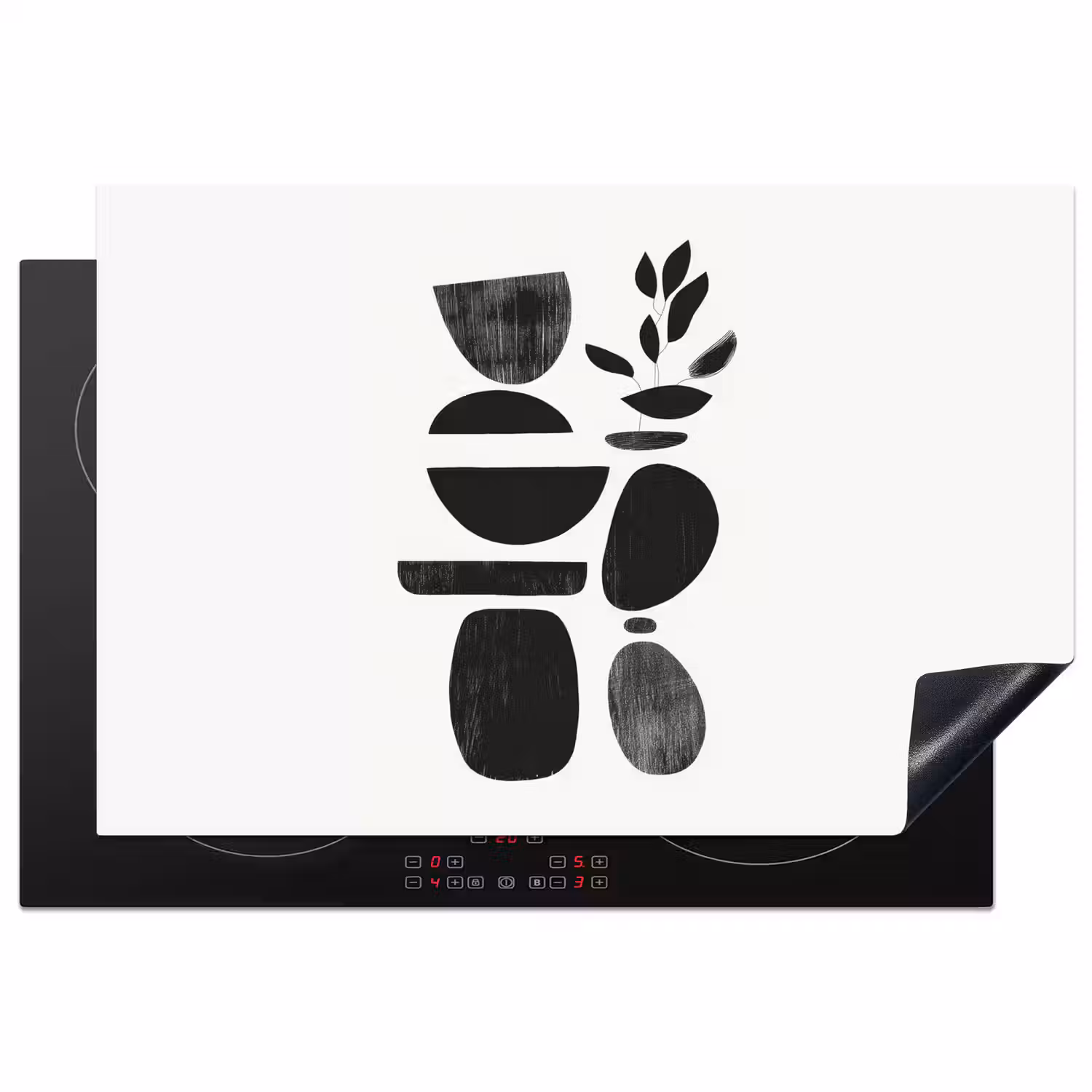 Japandi - Zwart - Abstract Inductie beschermer vinyl 3mm klein -3d