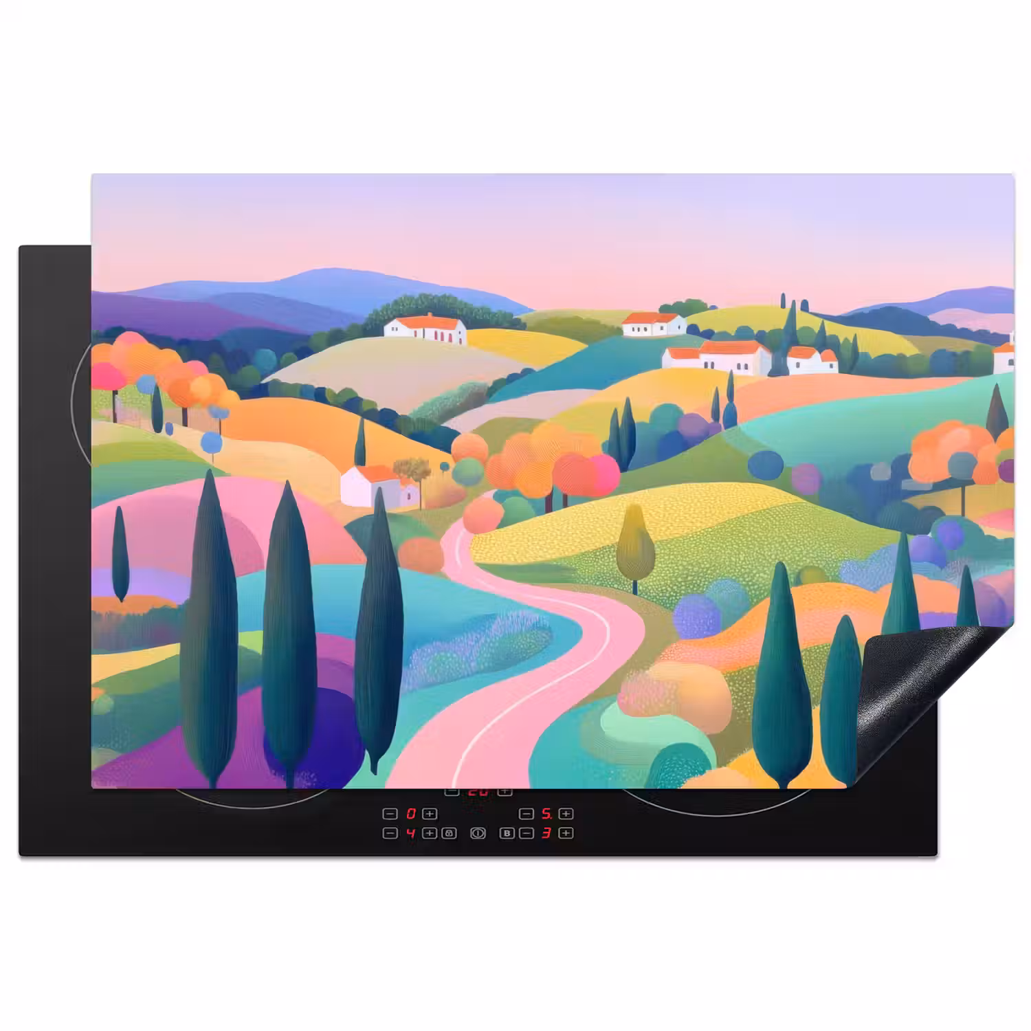 Landschap - Paars - Pastel - Huizen Inductie beschermer vinyl 3mm klein -3d