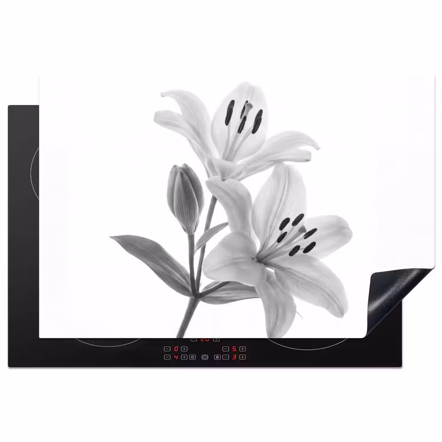 Lelies - Elegant - Zwart - Wit Inductie beschermer vinyl 3mm klein -3d