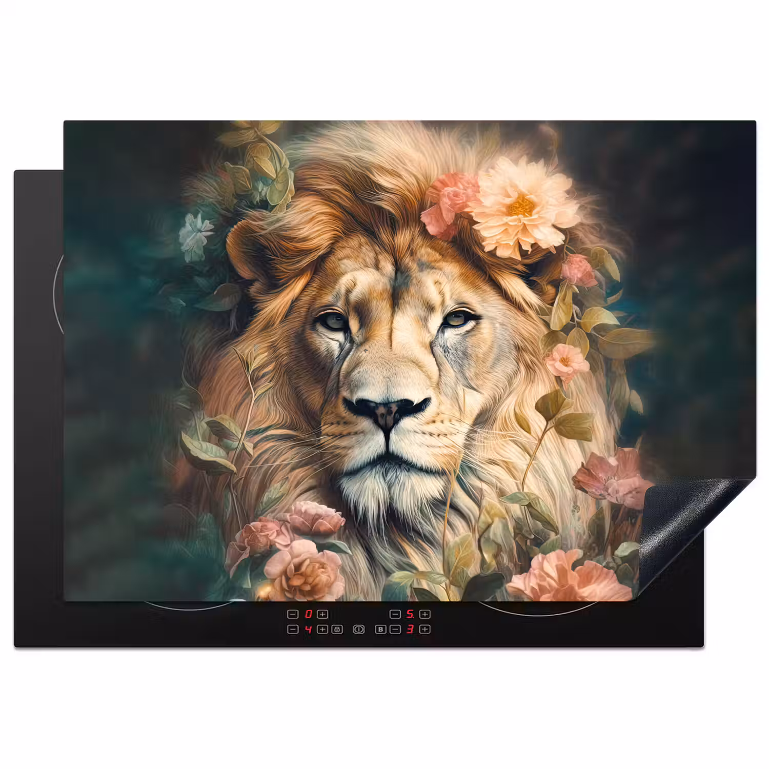 Leeuw - Leeuwenkop - Wilde dieren - Bloemen Inductie beschermer vinyl 3mm middel -3d