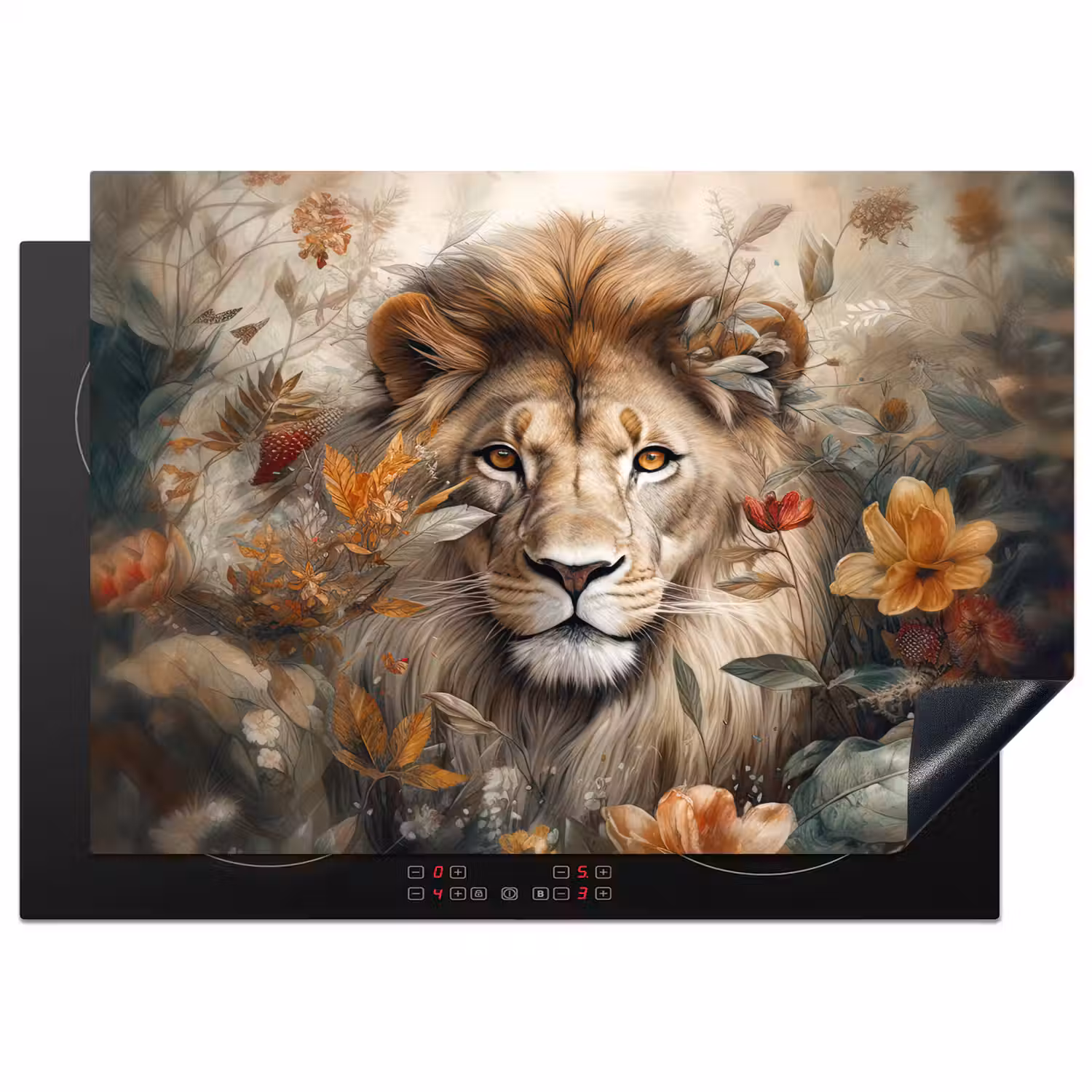 Leeuw - Wilde dieren - Planten - Natuur - Bloemen Inductie beschermer vinyl 3mm middel -3d