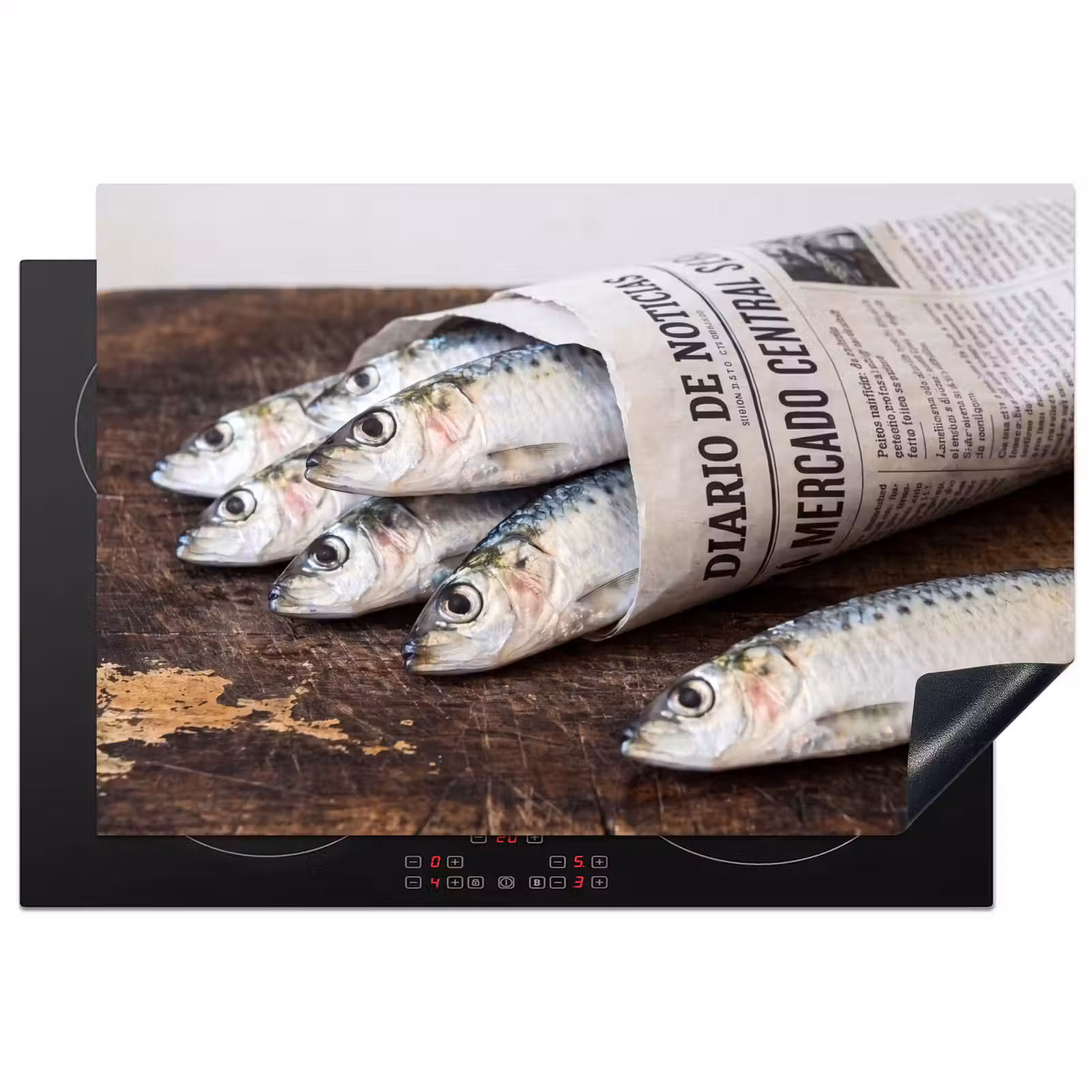 Induction Hob Cover - Little Sardine - newspaper - cutting board - Sardientje - krant - snijplank Inductie beschermer vinyl 3mm klein