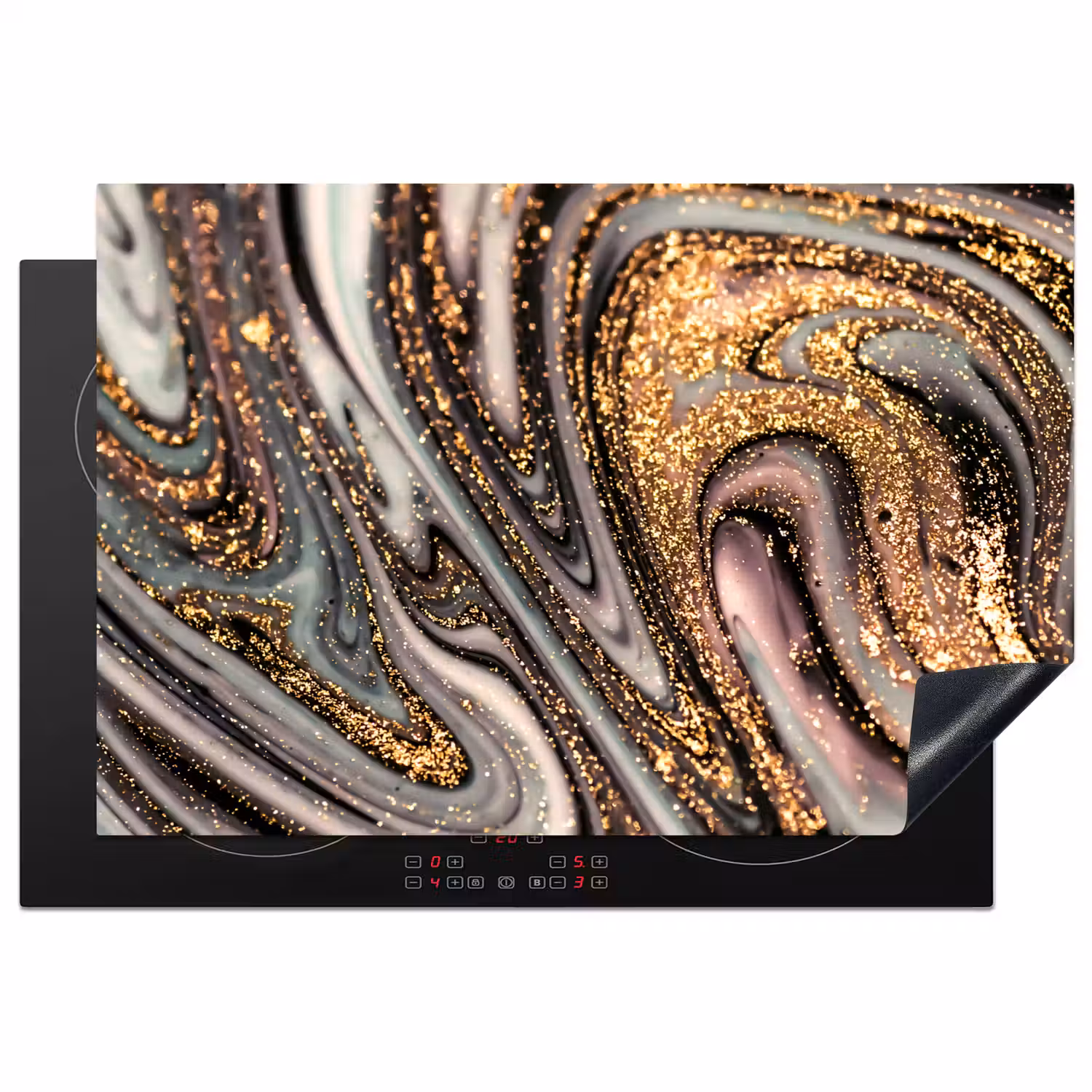 Marmerlook - Goud - Glitter - Luxe - Marmer - Wit Inductie beschermer vinyl 3mm klein -3d