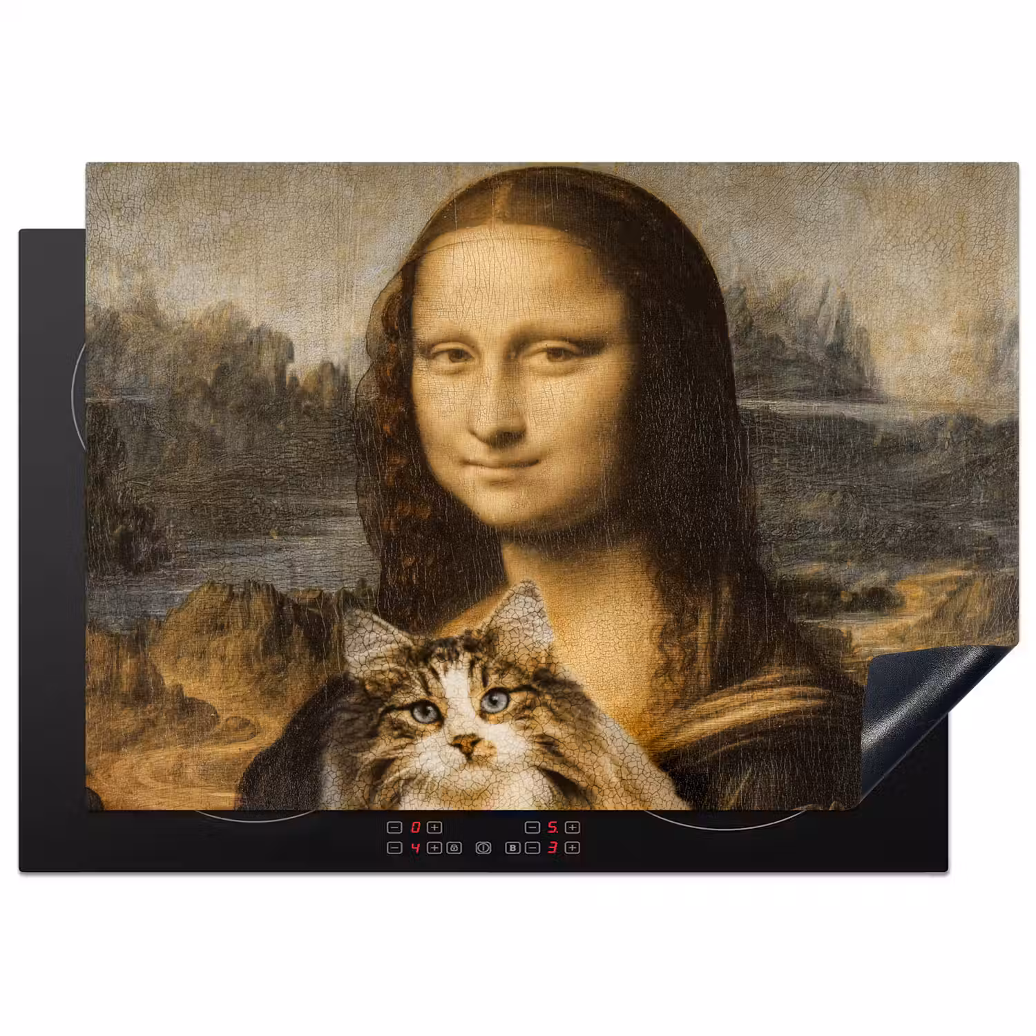 Mona Lisa - Kat - Leonardo da Vinci - Vintage - Kunstwerk - Oude meesters - Schilderij Inductie beschermer vinyl 3mm middel -3d
