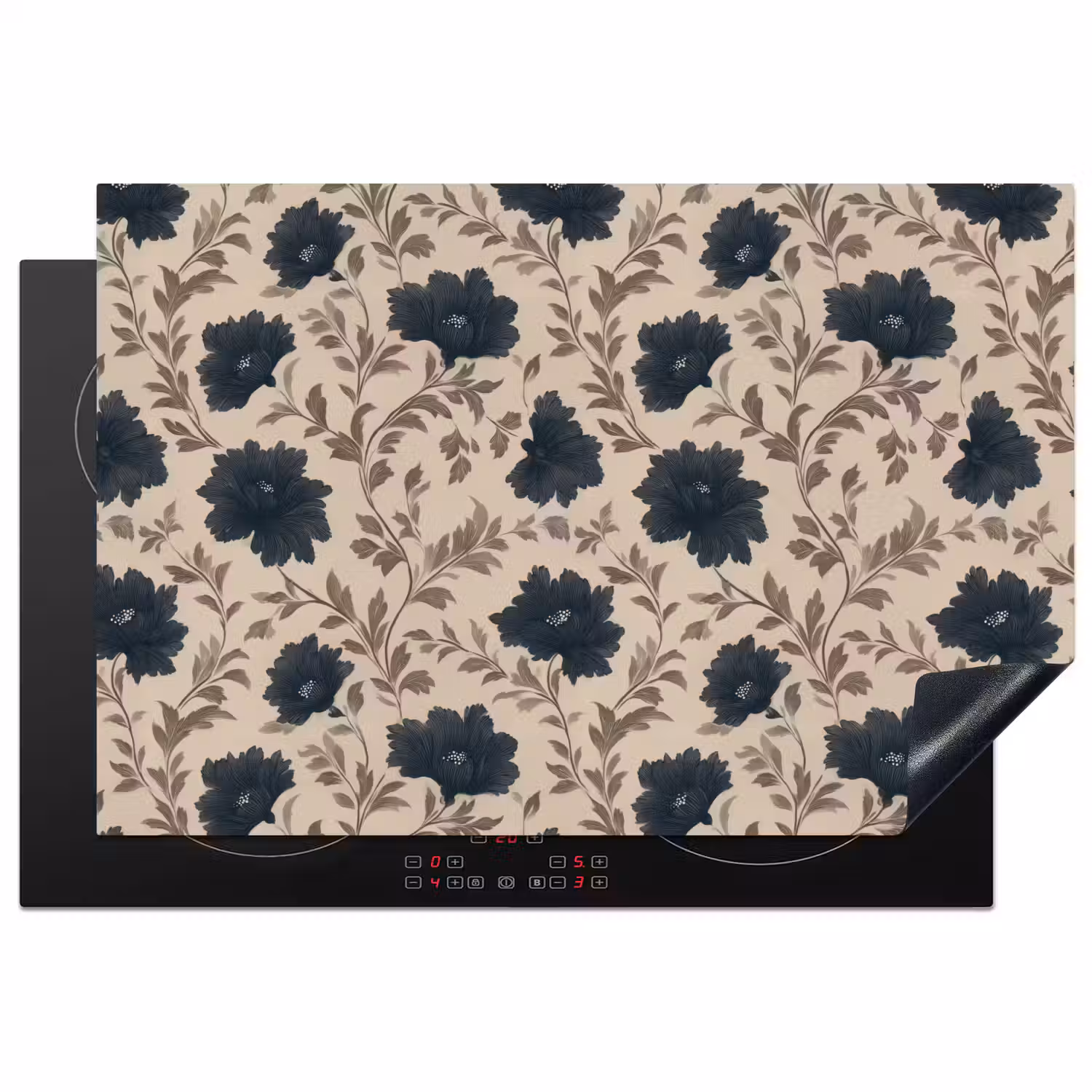 Motief - Bloemen - Zwart - Beige Inductie beschermer vinyl 3mm klein 276 -3d