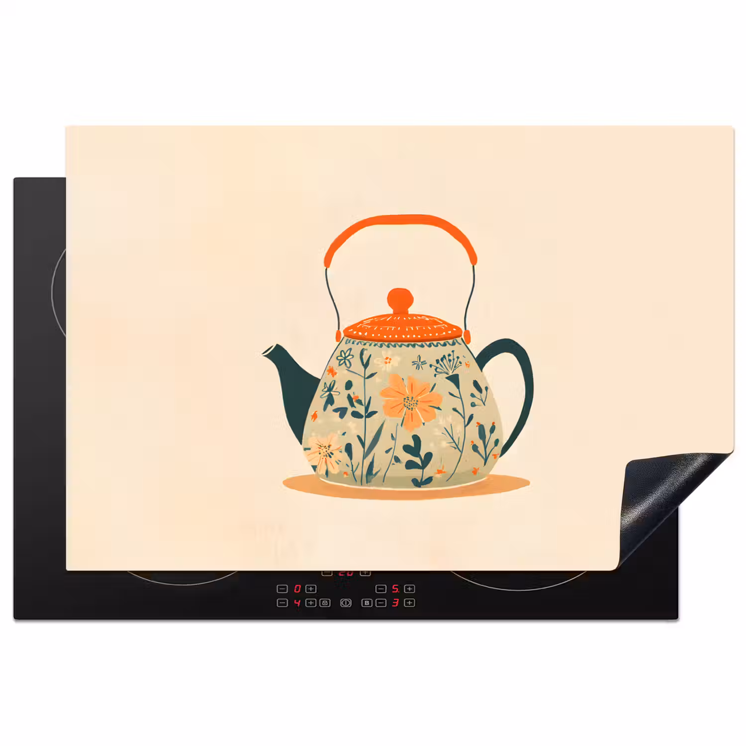 Oranje - Theepot - Bloemen - Bladeren Inductie beschermer vinyl 3mm klein -3d