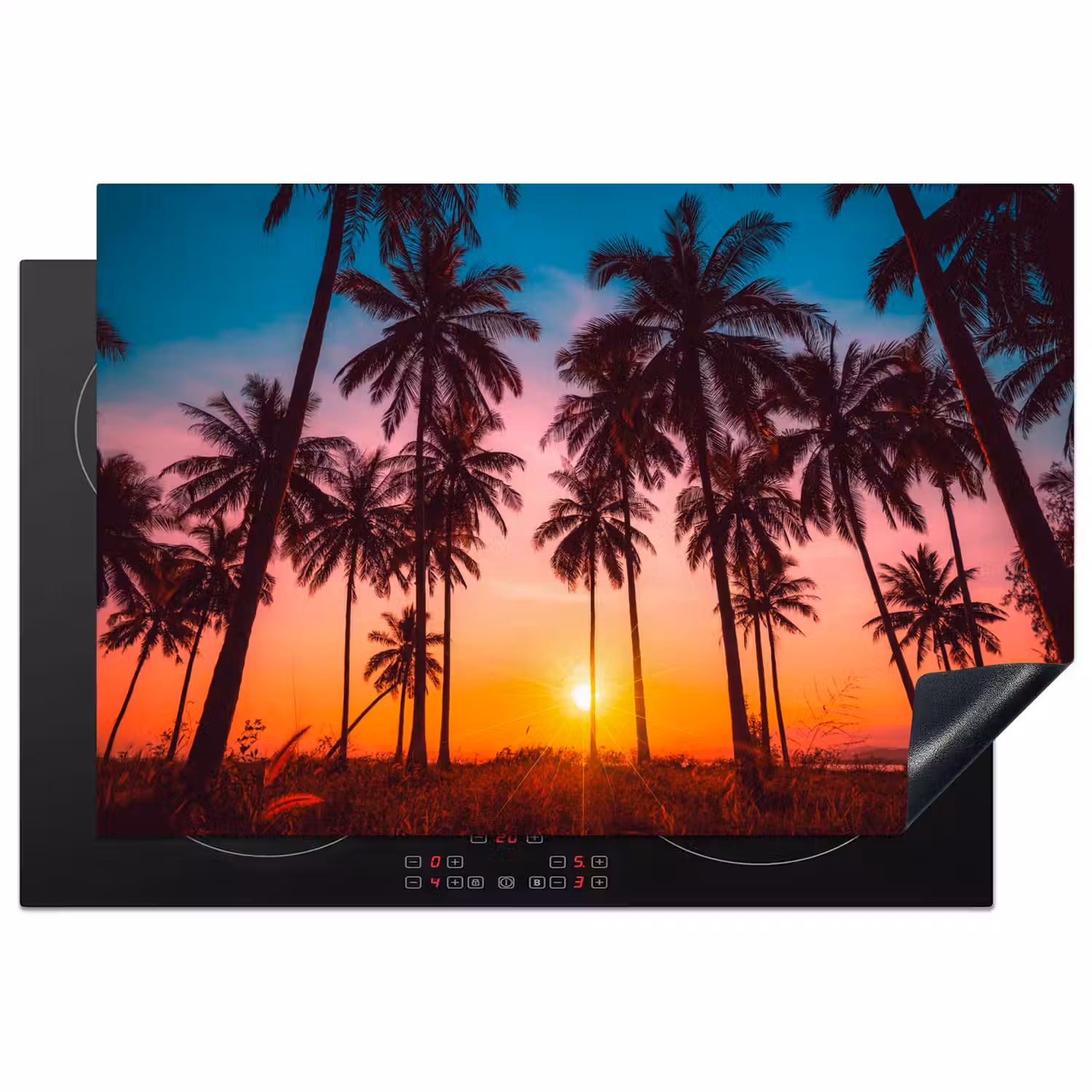 Palmboom - Zonsondergang - Horizon - Strand - Oranje - Roze Inductie beschermer vinyl 3mm klein -3d