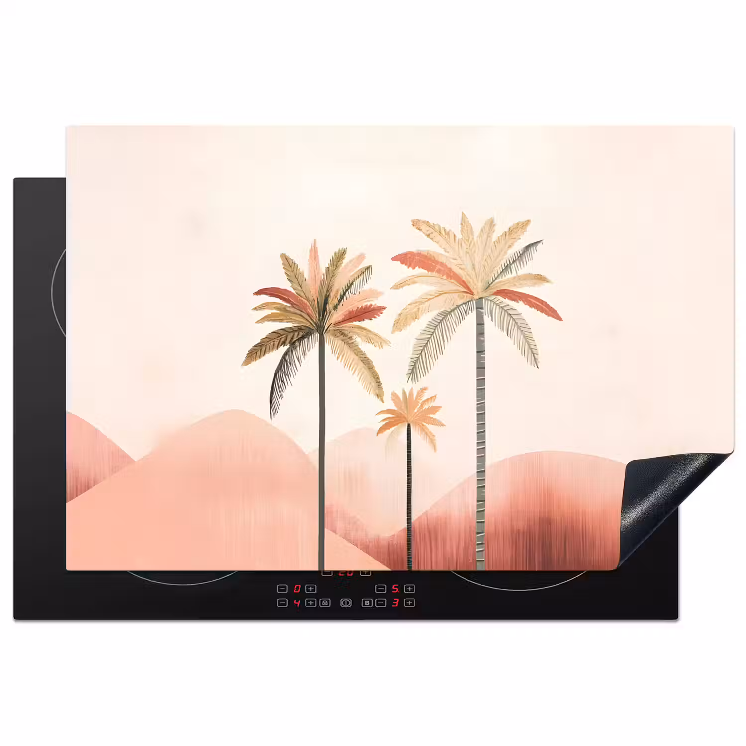 Palmbomen - Heuvels - Minimalistisch - Zachtroze Inductie beschermer vinyl 3mm klein -3d