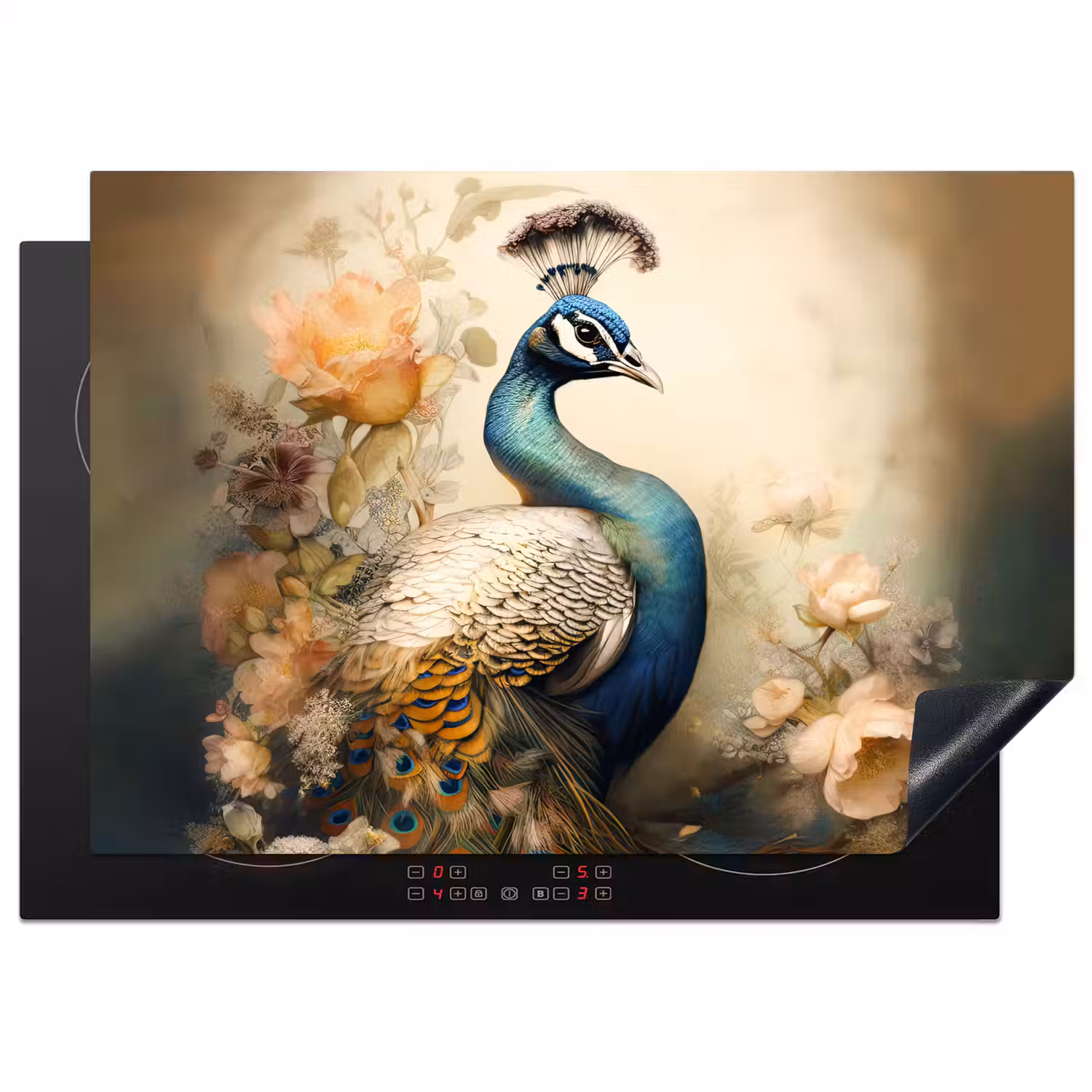 Pauw - Pauwenveren - Bloemen - Vogels - Botanisch Inductie beschermer vinyl 3mm middel -3d