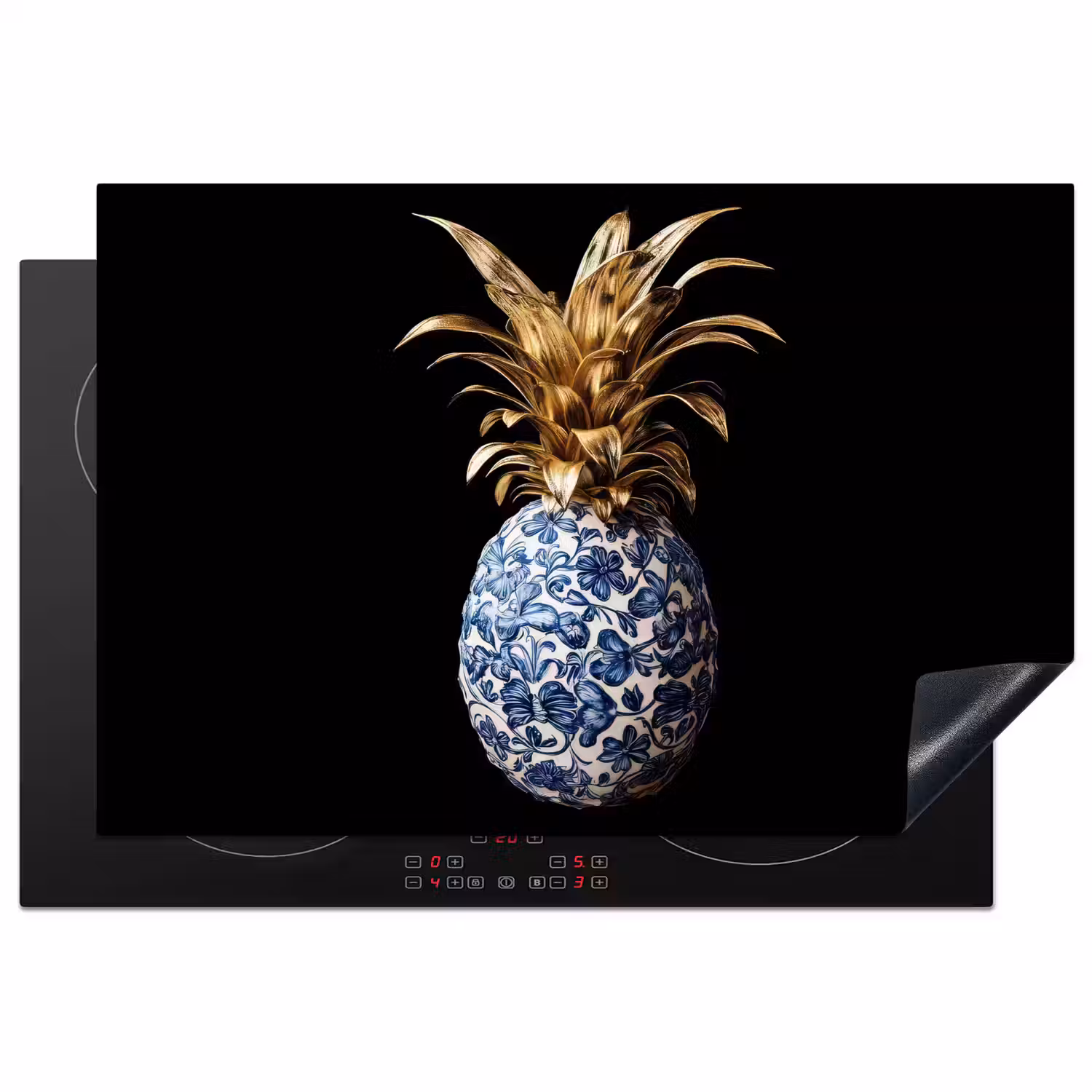 Ananas - Bloemen patroon - Goud - Delftsblauw Inductie beschermer vinyl 3mm klein -3d