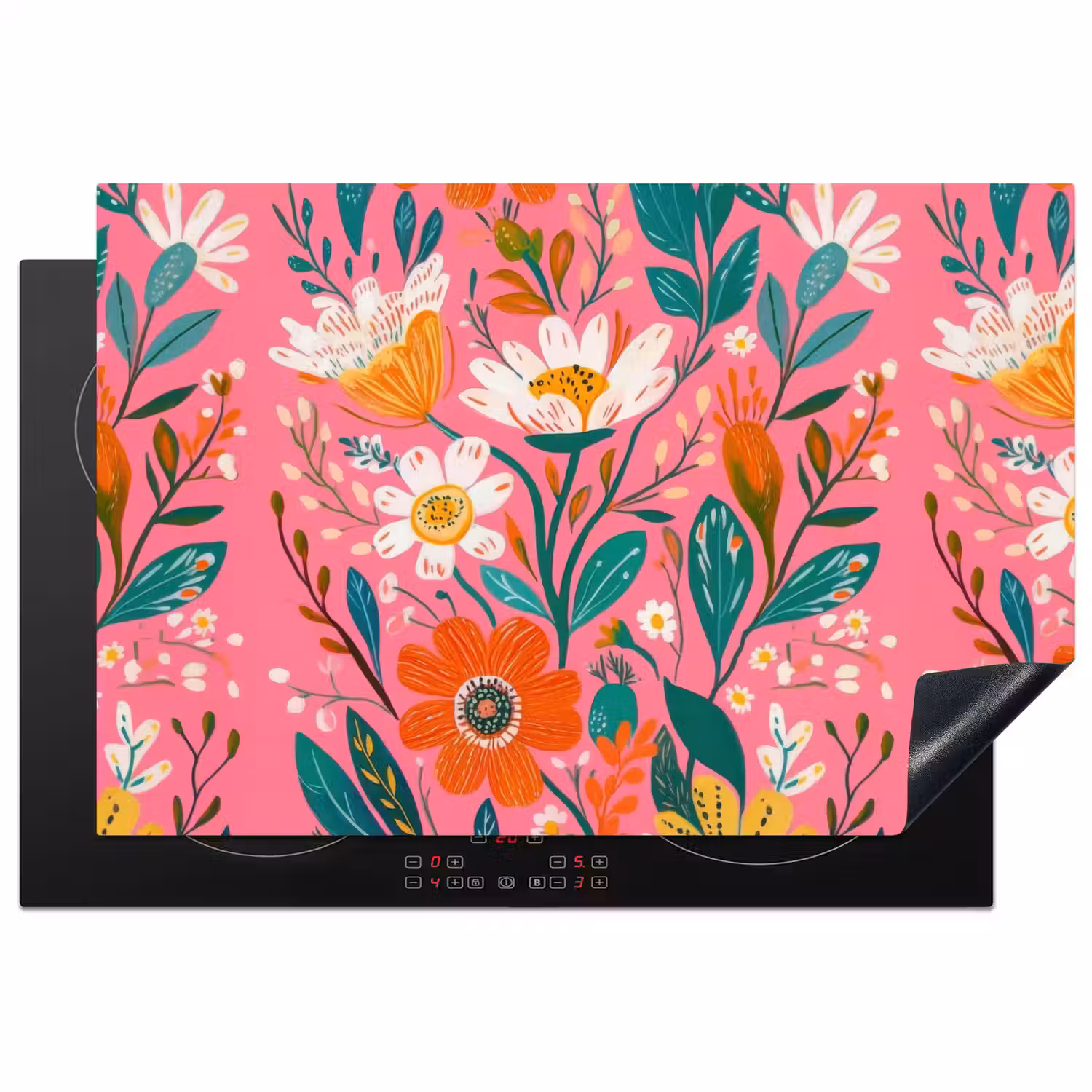 Roze - Bloemen - Wit - Oranje Inductie beschermer vinyl 3mm klein -3d