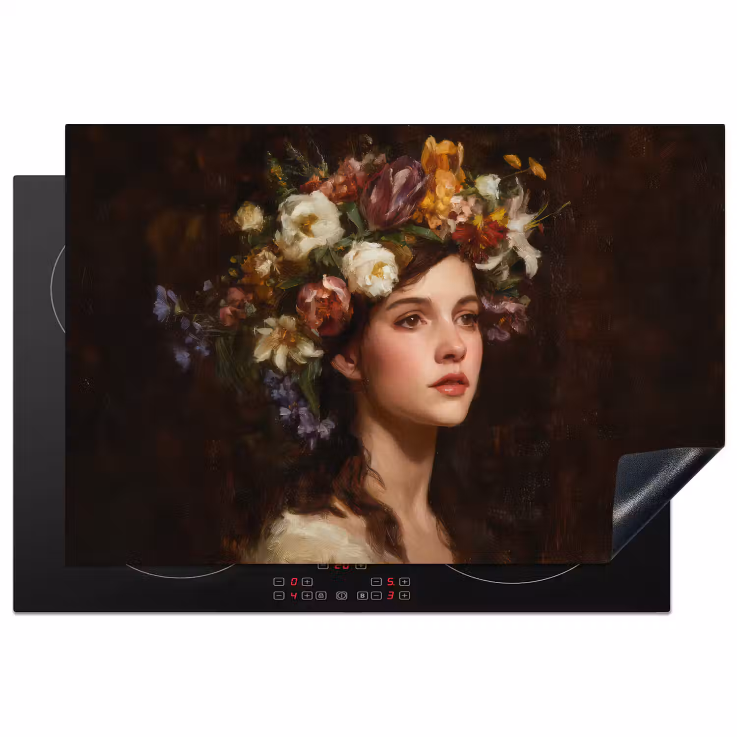 Portret - Vrouw - Bloemen Inductie beschermer vinyl 3mm klein -3d