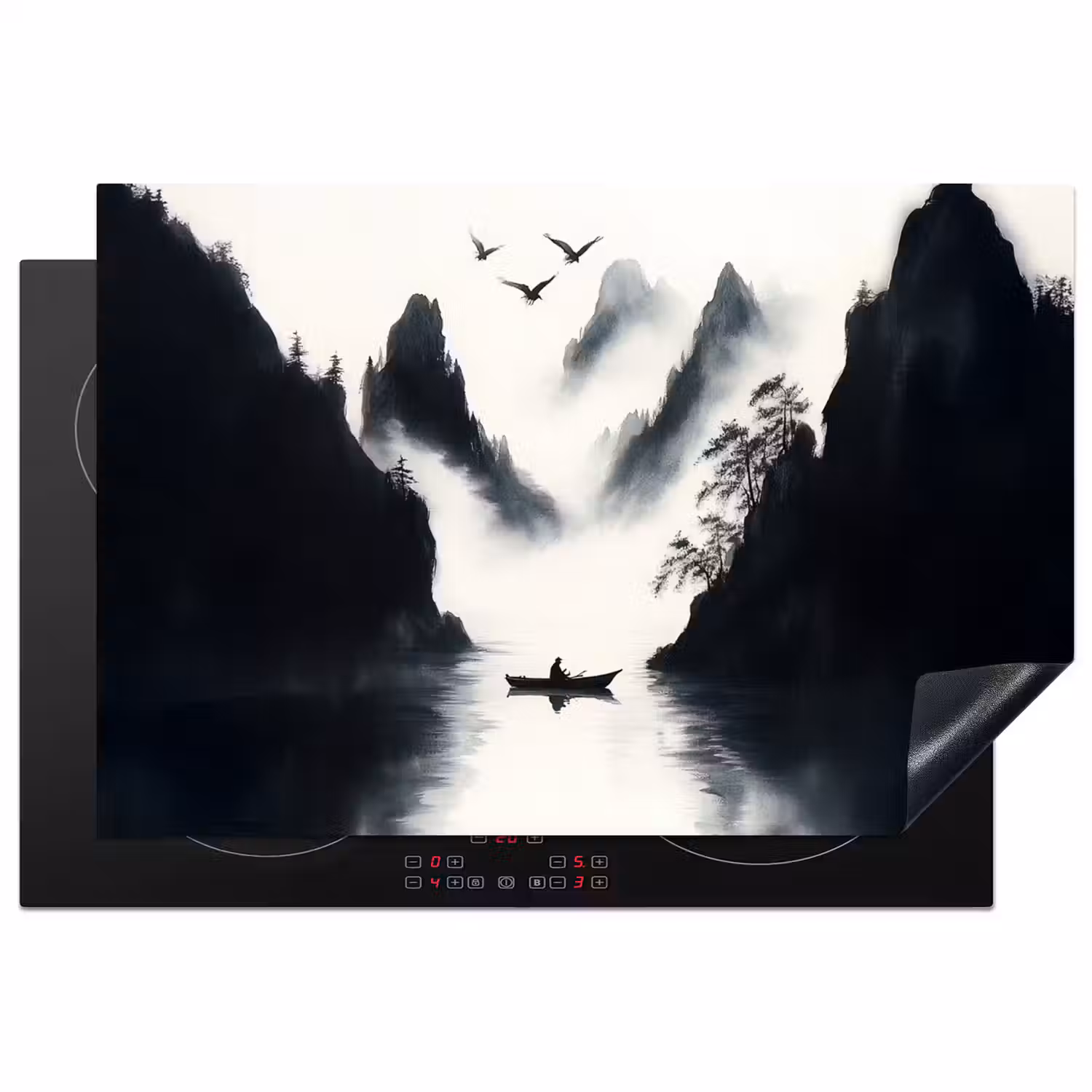 Roeiboot - Mistig - Bergen - Vogels Inductie beschermer vinyl 3mm klein -3d