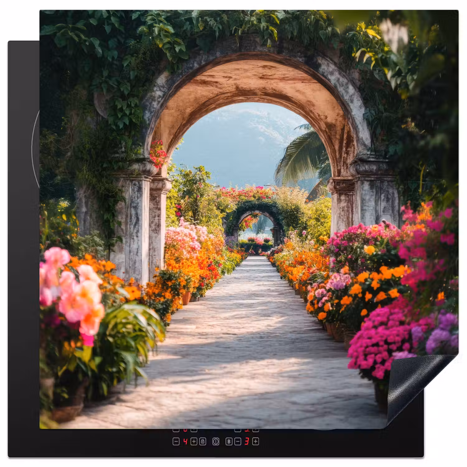 Doorkijk - Bloemen - Tropisch - Kleurrijk Inductie beschermer vinyl 3mm middel -3d