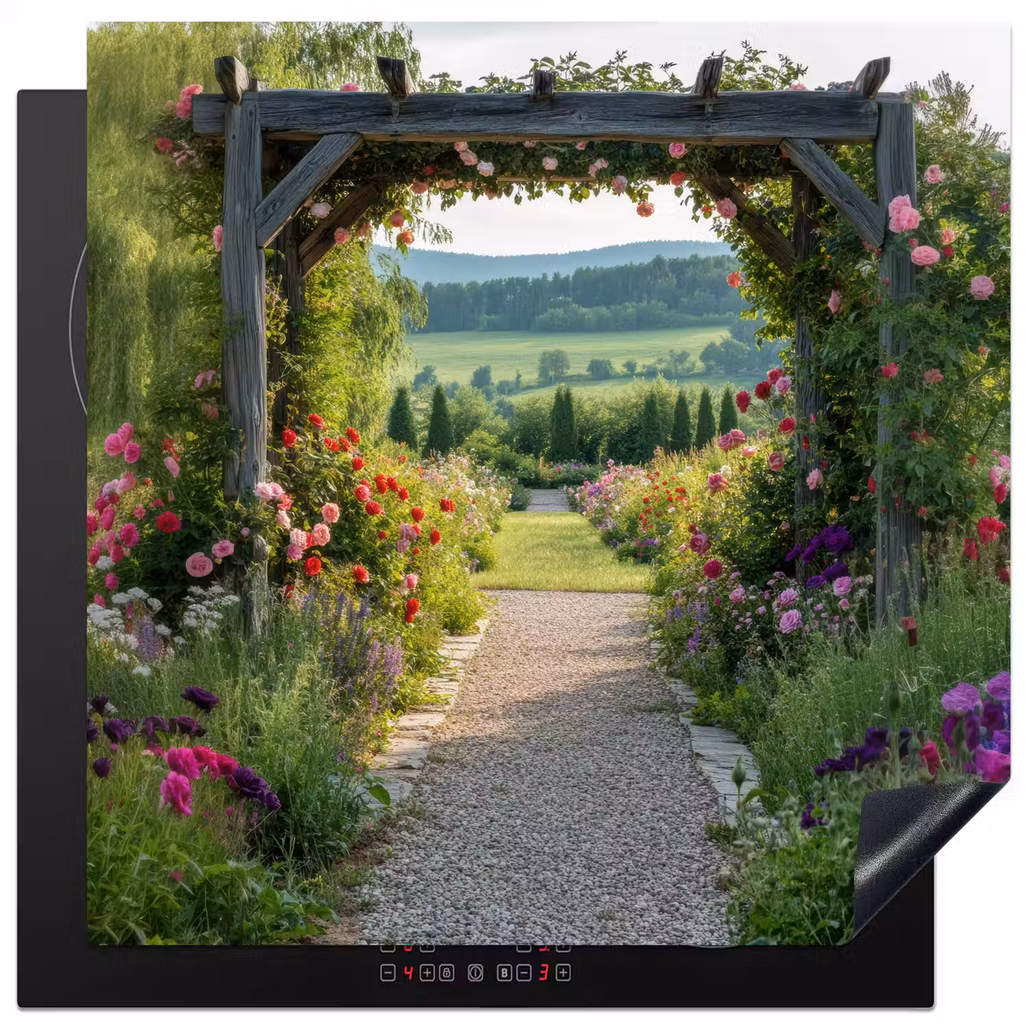 Doorkijk - Landschap - Natuur - Tuinboog - Bloemen Inductie beschermer vinyl 3mm middel -3d