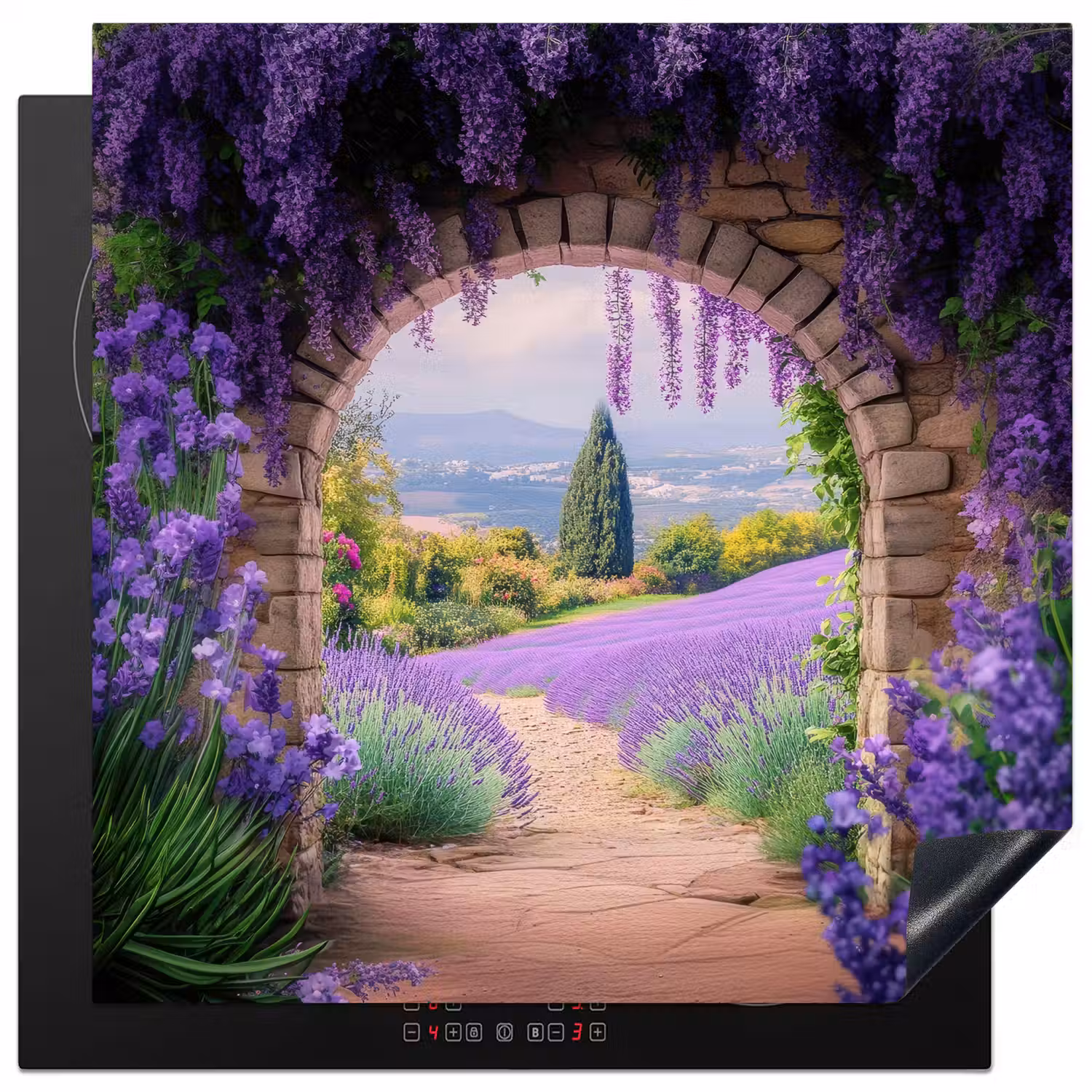 Doorkijk - Lavendel - Bloemen - Paars - Poort Inductie beschermer vinyl 3mm middel -3d