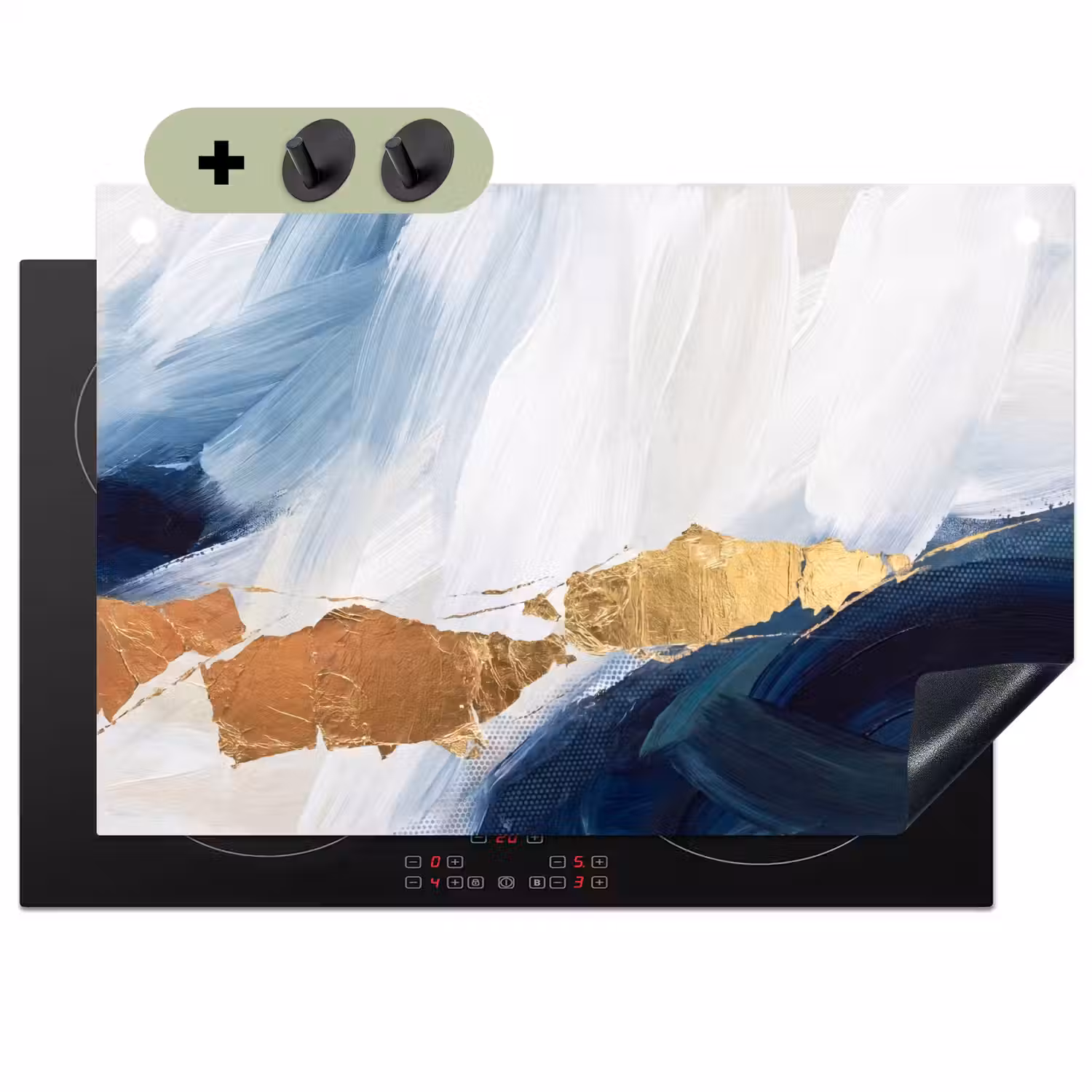 Abstract - Acryl - Blauw - Goud - Elegant Inductie beschemer met haakjes klein -3d