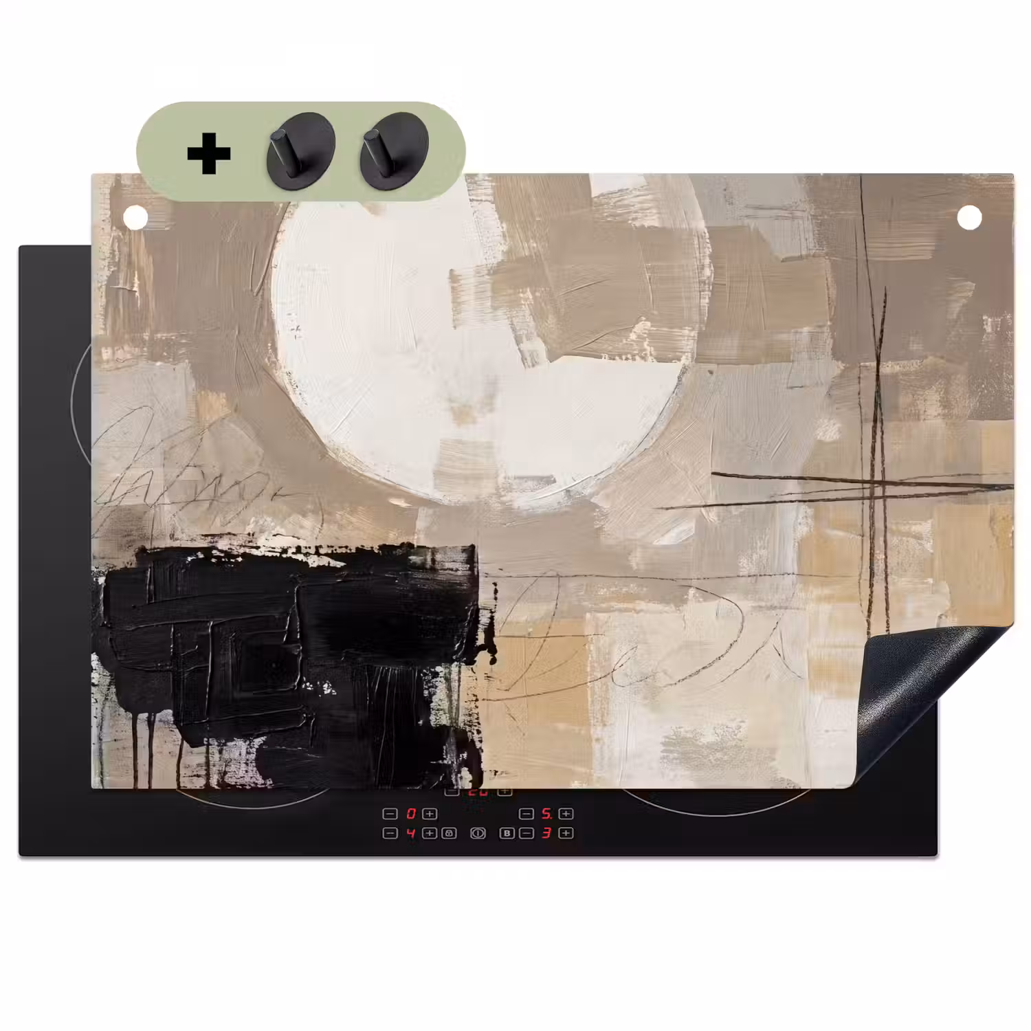 Abstract - Cirkel - Modern - Beige - Zwart - Minimalistisch Inductie beschemer met haakjes klein -3d
