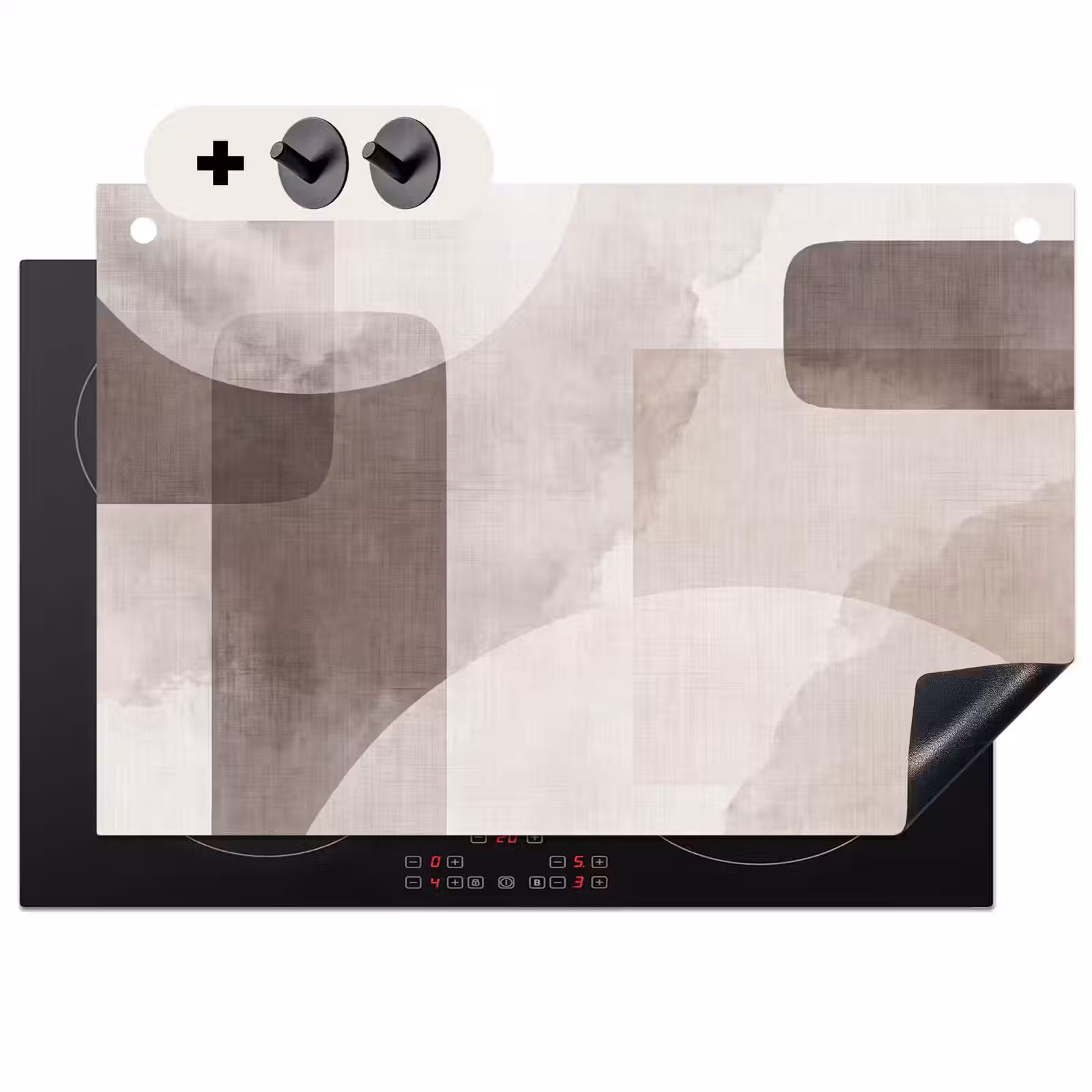 Induction Hob Cover & Splashback (2-in-1) - Abstract Shapes - Beige - Abstracte vormen - Beige Inductie beschemer met haakjes klein