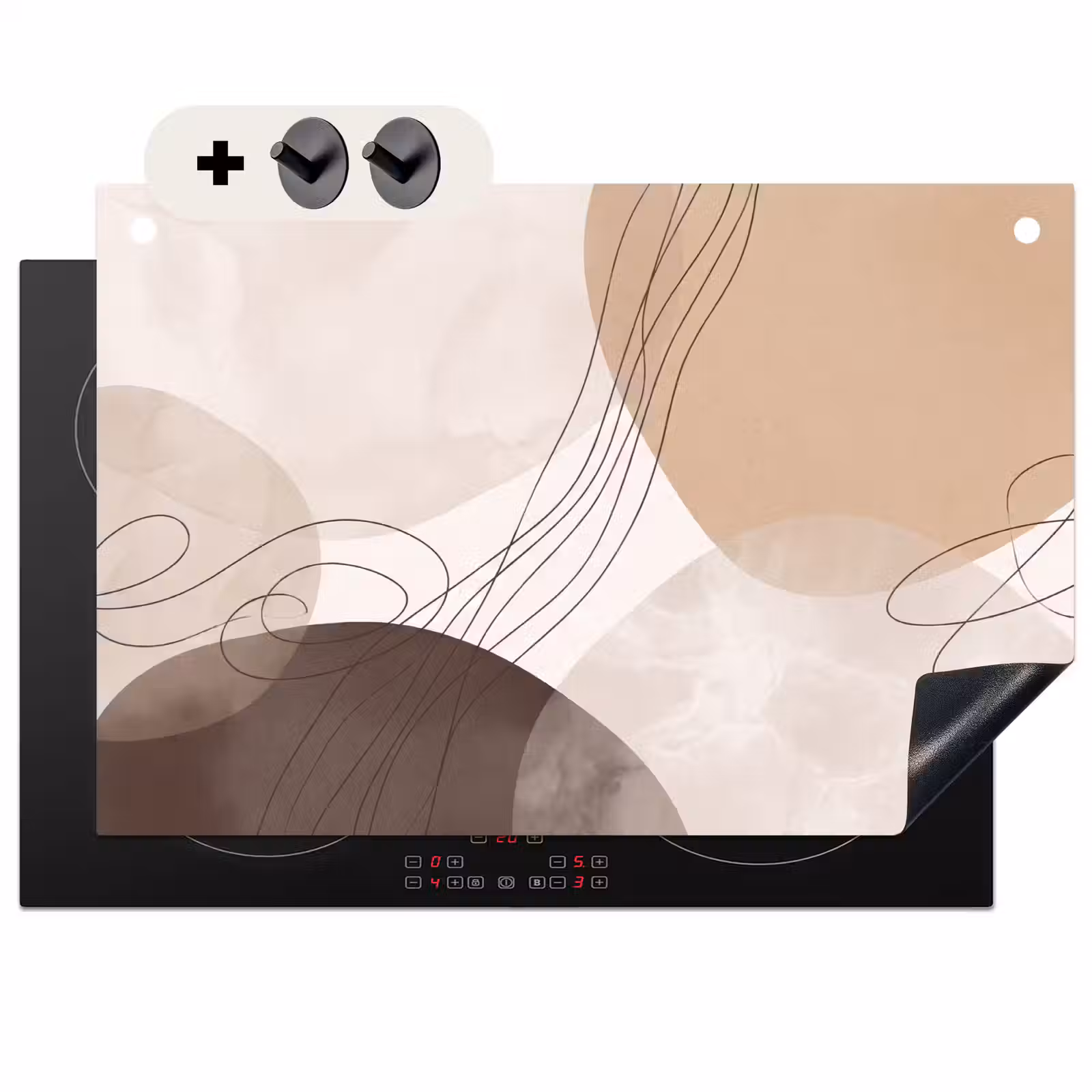 Induction Hob Cover & Splashback (2-in-1) - Abstraction - Beige - Modern - Abstractie - Beige - Modern Inductie beschemer met haakjes klein