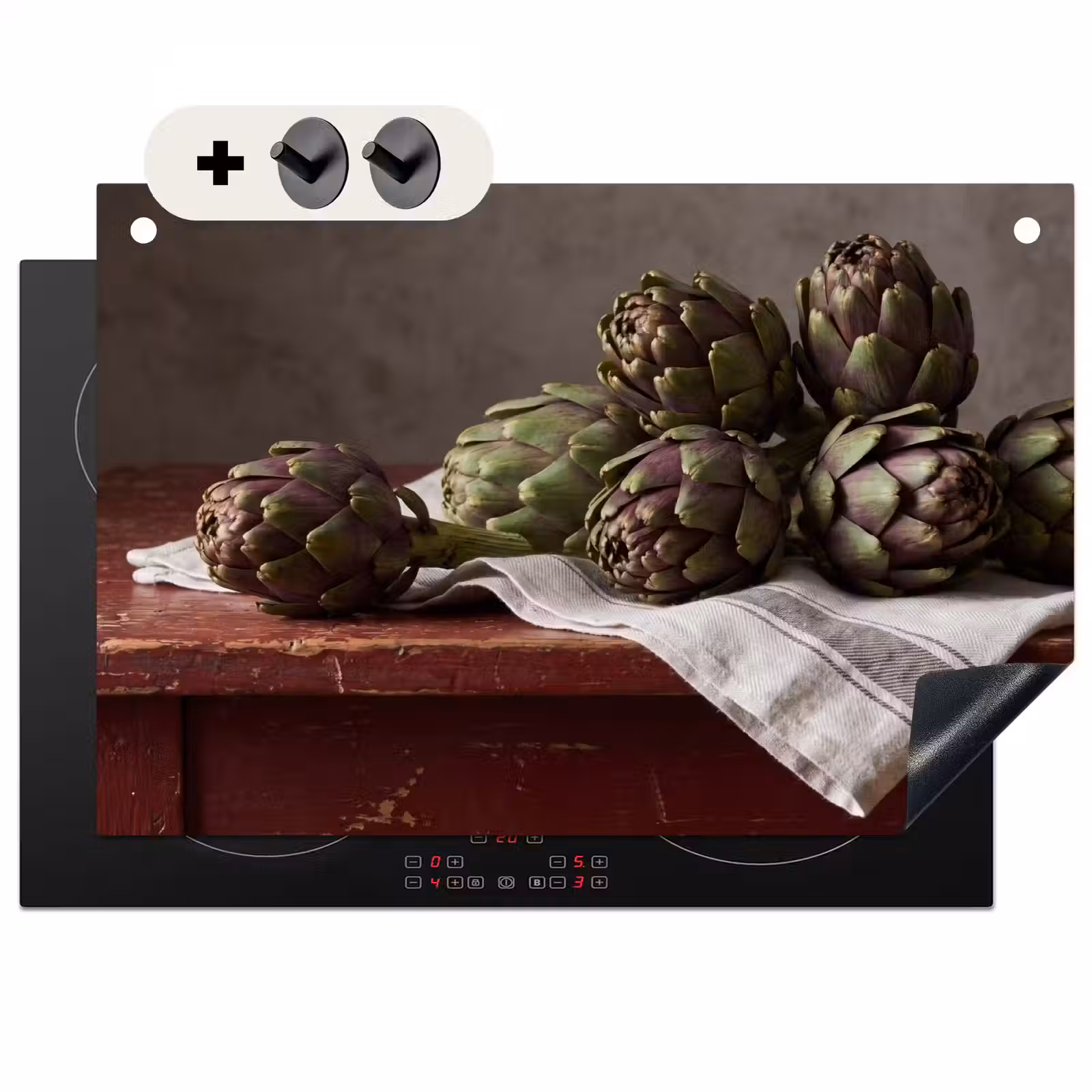 Induction Hob Cover & Splashback (2-in-1) - Artichoke - Food - Rustic - Artisjok - Eten - Rustiek Inductie beschemer met haakjes klein