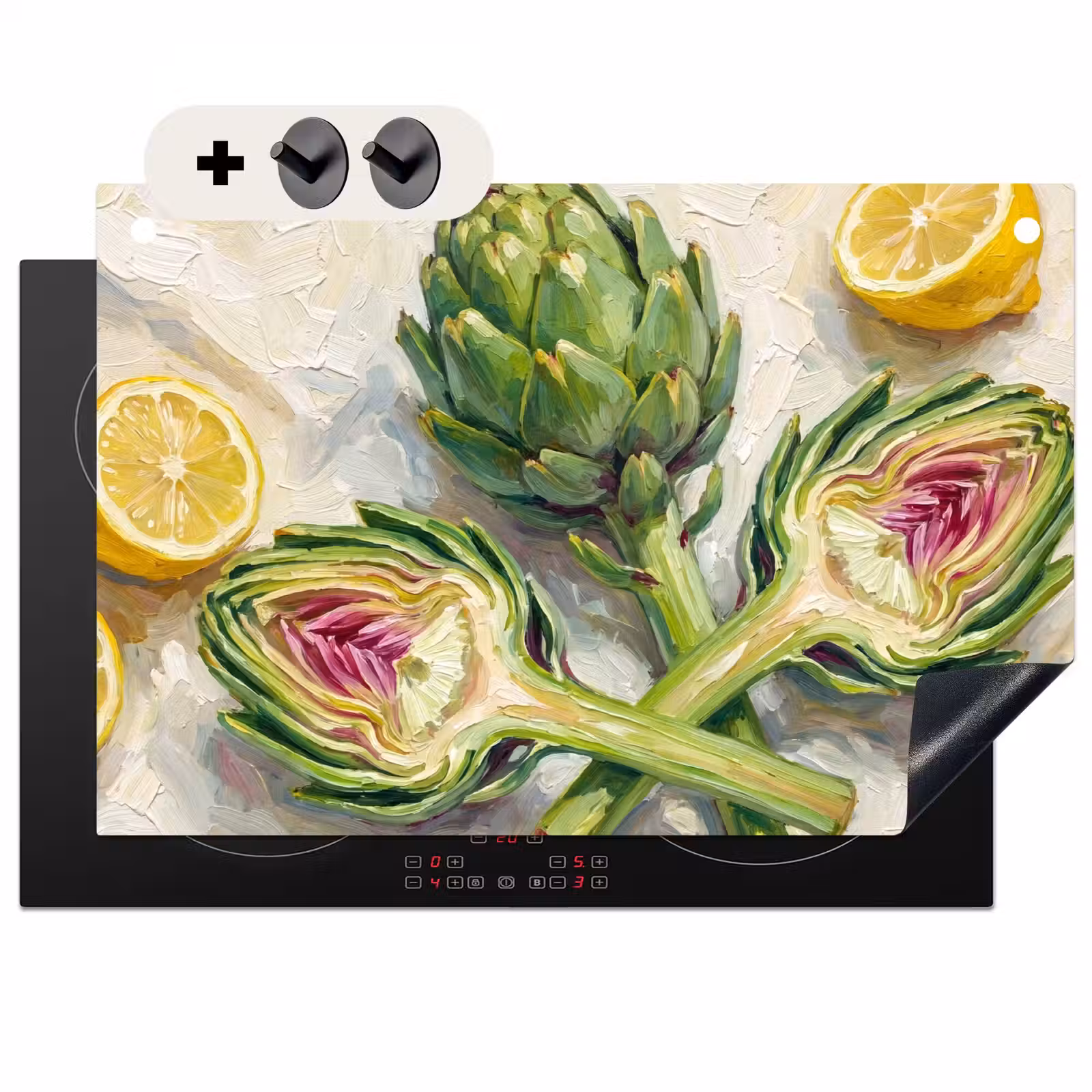 Induction Hob Cover & Splashback (2-in-1) - Artichoke - Lemon - Food - Artisjok - Citroen - Eten Inductie beschemer met haakjes klein