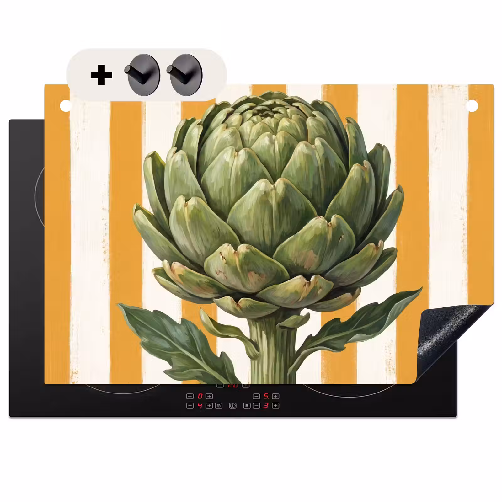 Induction Hob Cover & Splashback (2-in-1) - Artichoke - Modern - Vegetable - Artisjok - Modern - Groente Inductie beschemer met haakjes klein
