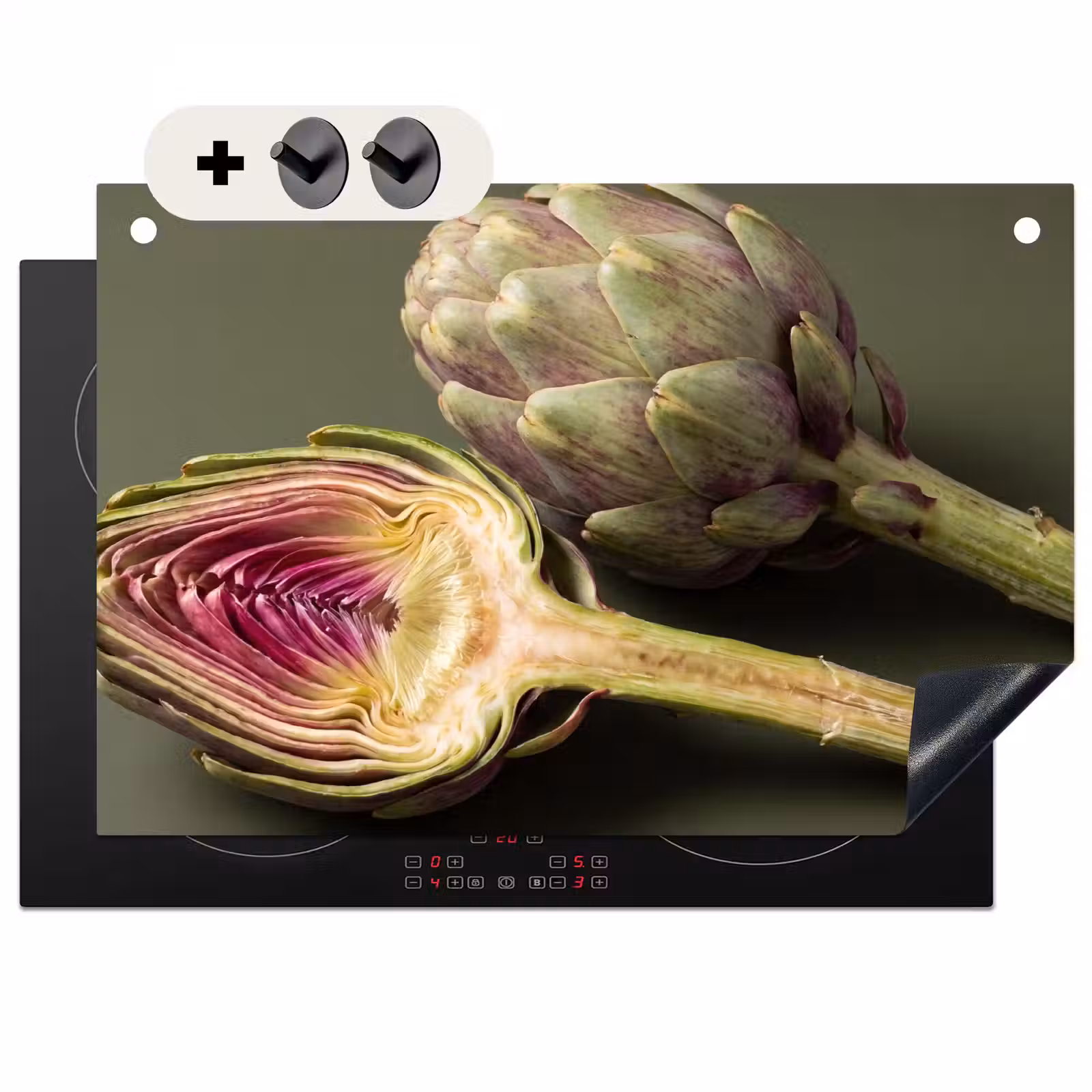 Induction Hob Cover & Splashback (2-in-1) - Artichoke - Purple - Food - Artisjok - Paars - Voedsel Inductie beschemer met haakjes klein