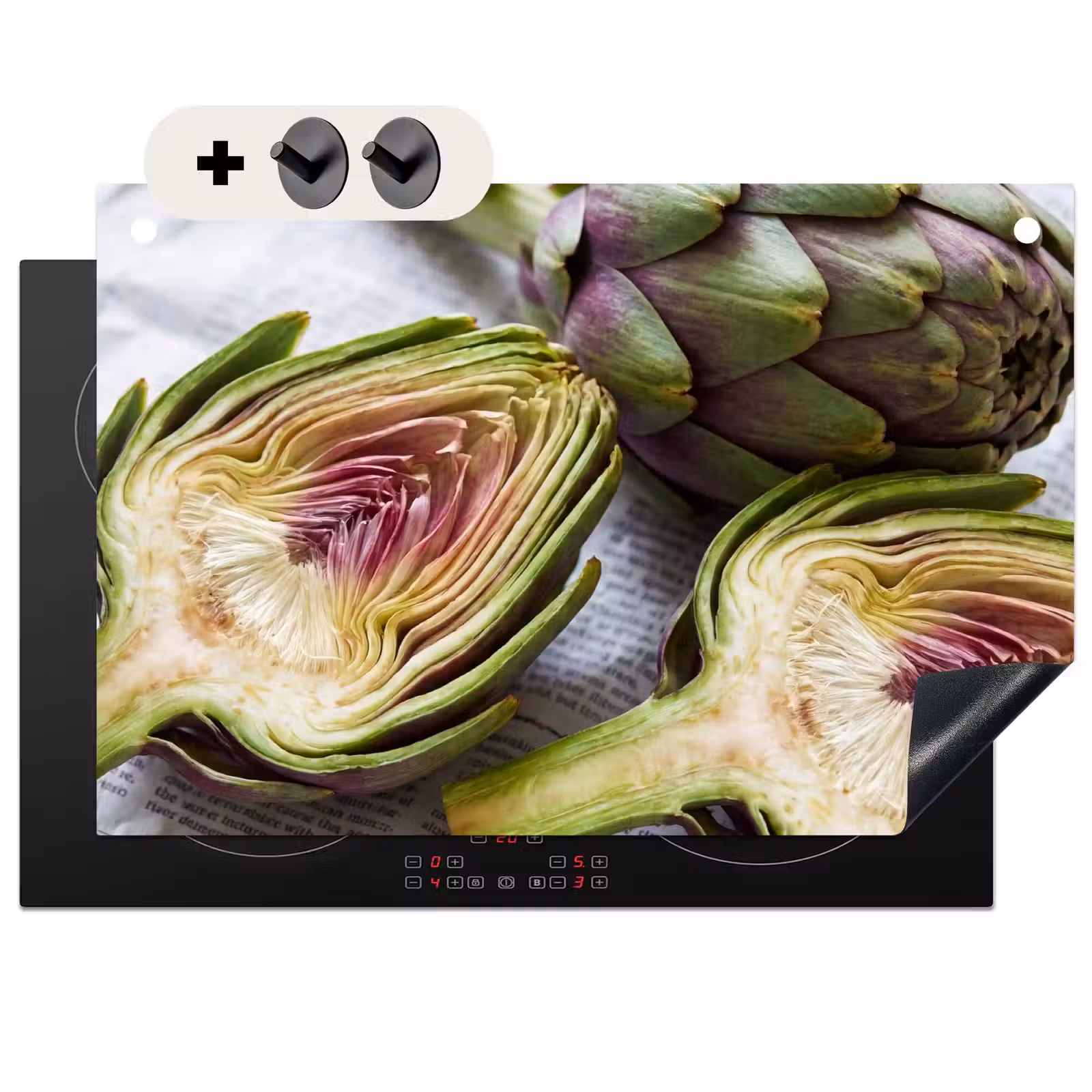 Induction Hob Cover & Splashback (2-in-1) - Artichoke - Sliced - Food - Artisjok - Doorgesneden - Eten Inductie beschemer met haakjes klein