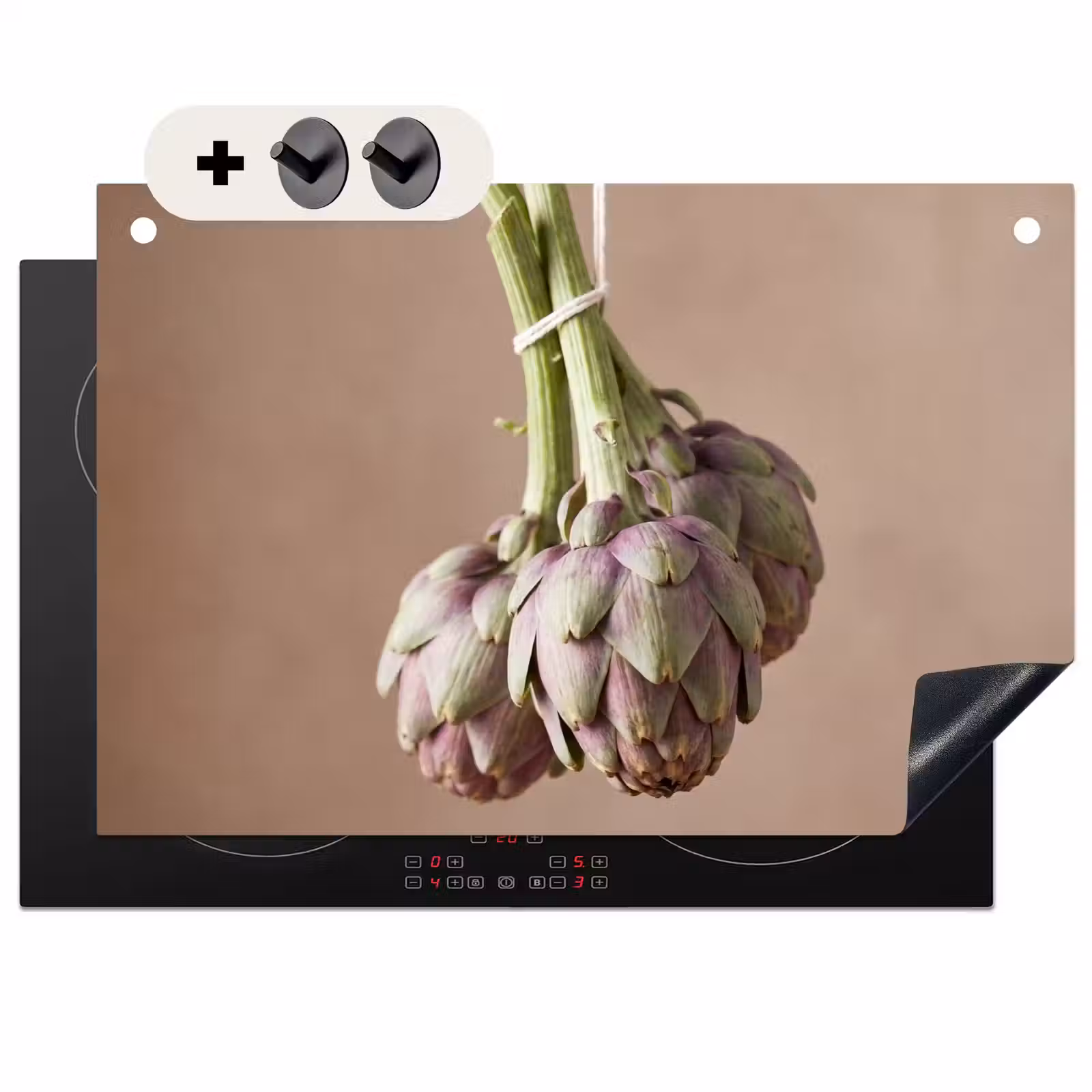 Induction Hob Cover & Splashback (2-in-1) - Artichokes - Hanging - Vegetables - Artisjokken - Hangend - Groenten Inductie beschemer met haakjes klein